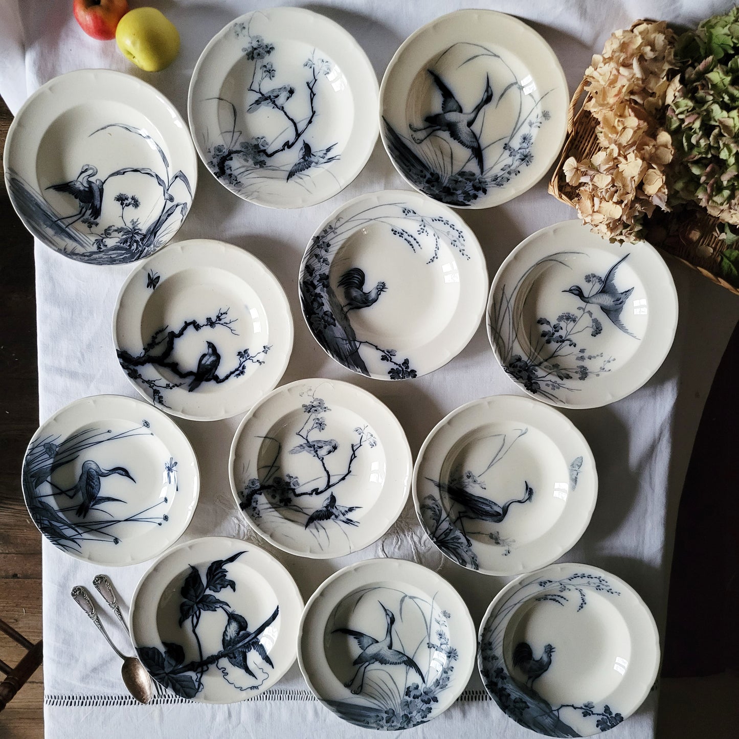 Stunning 48pc French antique dinner service, 12 place Aesthetic bird & floral flow blue / white transferware 'Japonais' c1880 Longwy, France