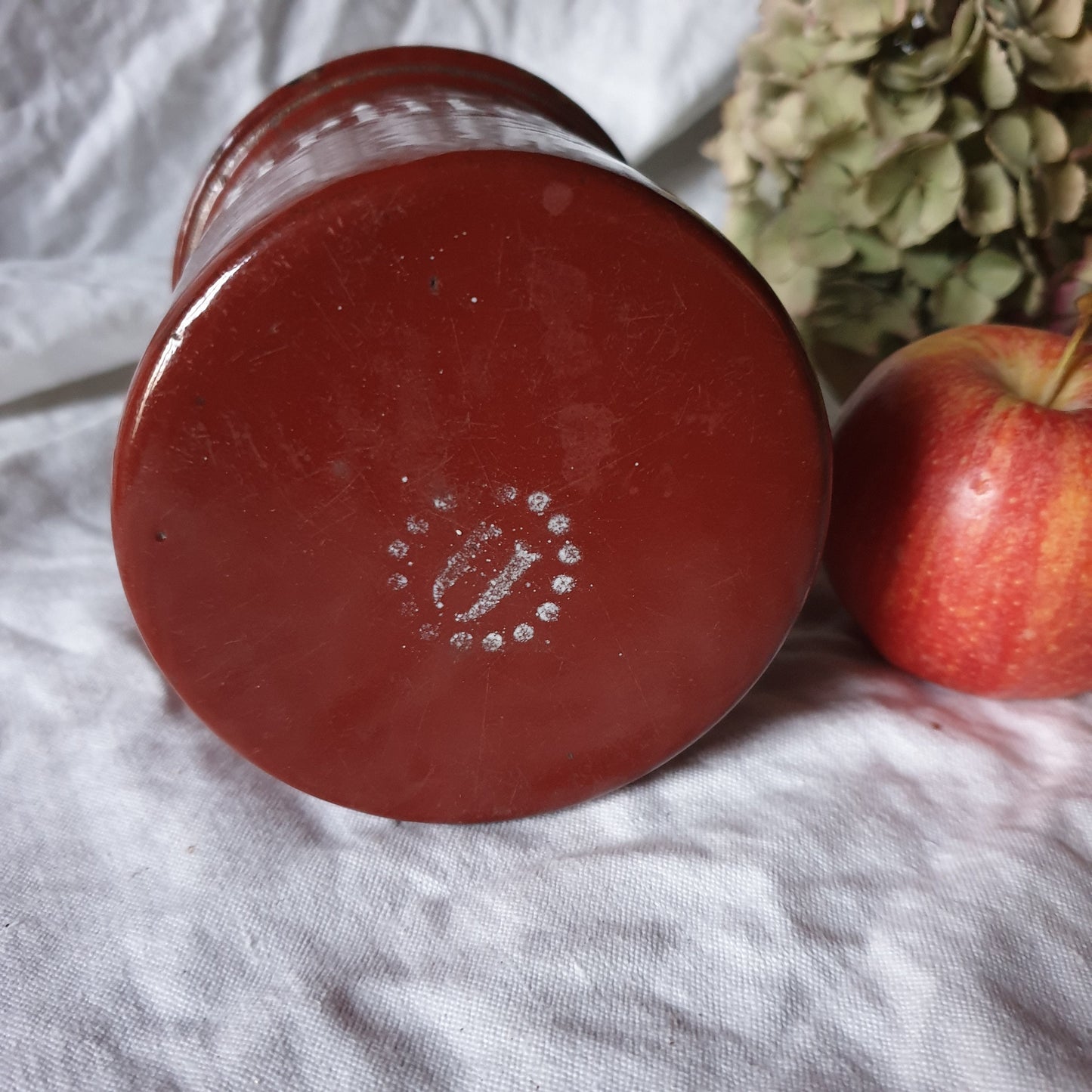 French vintage enamel brown / red canister 'Farine' (flour) c1930 farmhouse vintage style, French country design