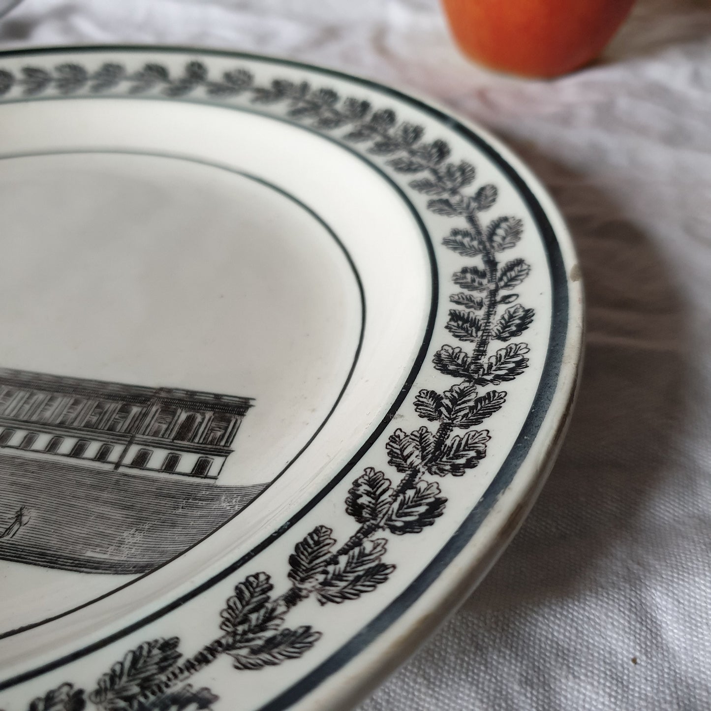 French antique Architecture plate Colonnade du Louvre c1820 in black transferware, oak leaf border by Creil (of Creil et Montereau) attrib.
