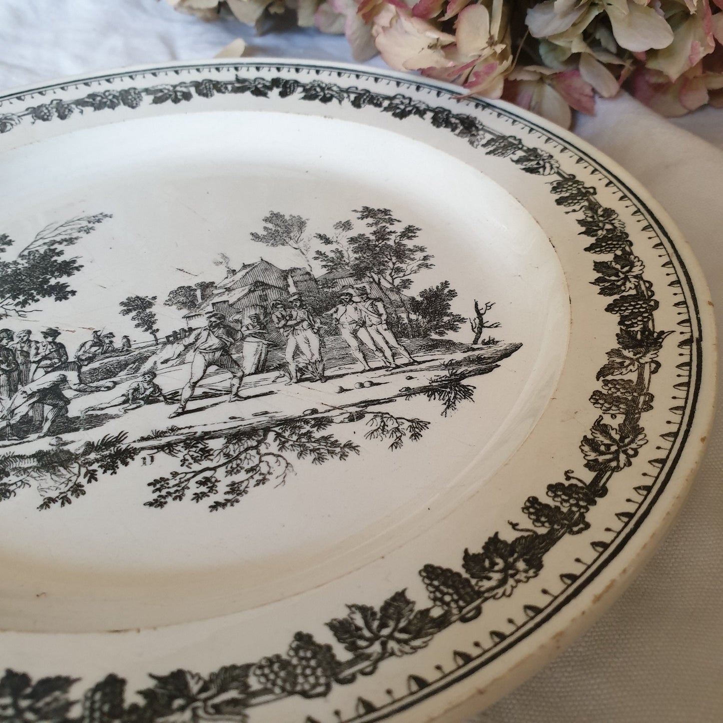 French antique fine faience plates c1820 black & white transferware, grape leaf border by Creil, countryside scenes, French Restoration era