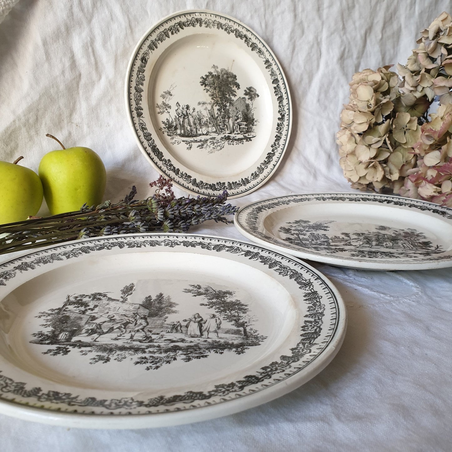 French antique fine faience plates c1820 black & white transferware, grape leaf border by Creil, countryside scenes, French Restoration era