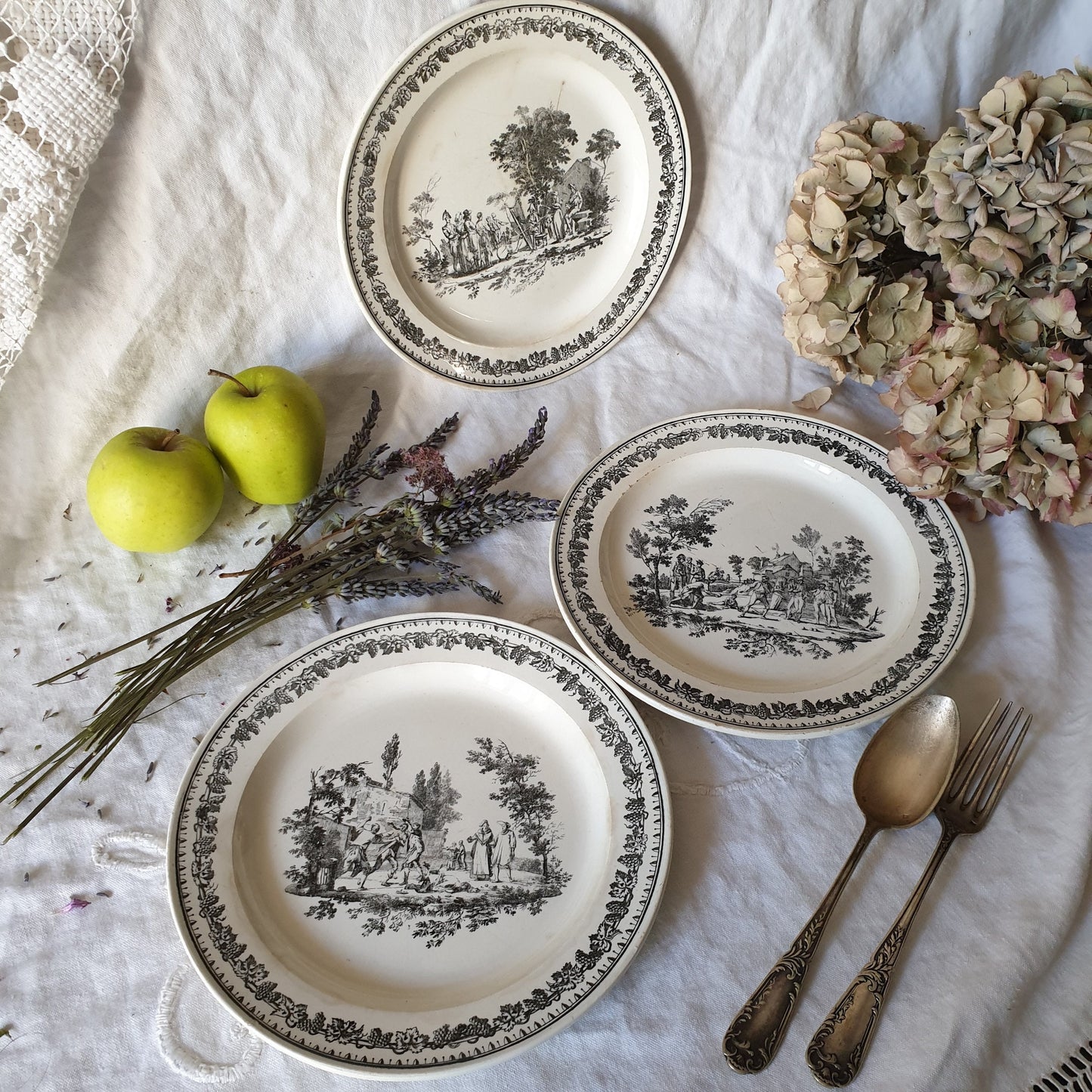 French antique fine faience plates c1820 black & white transferware, grape leaf border by Creil, countryside scenes, French Restoration era