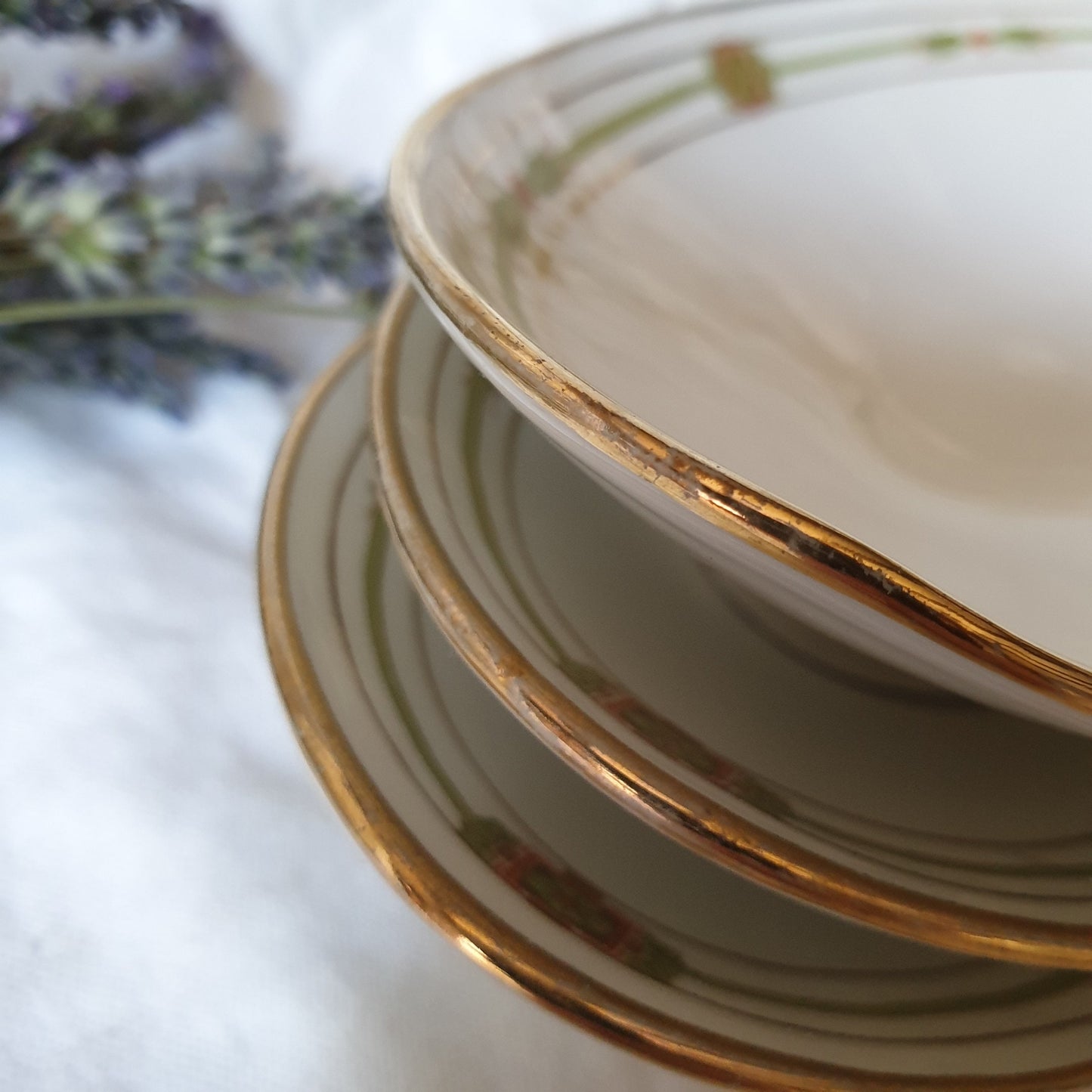 French antique Limoges porcelain ravier oval serving dish - polychrome w gold border, orange / green, Belle Epoch design, JB&Cie France