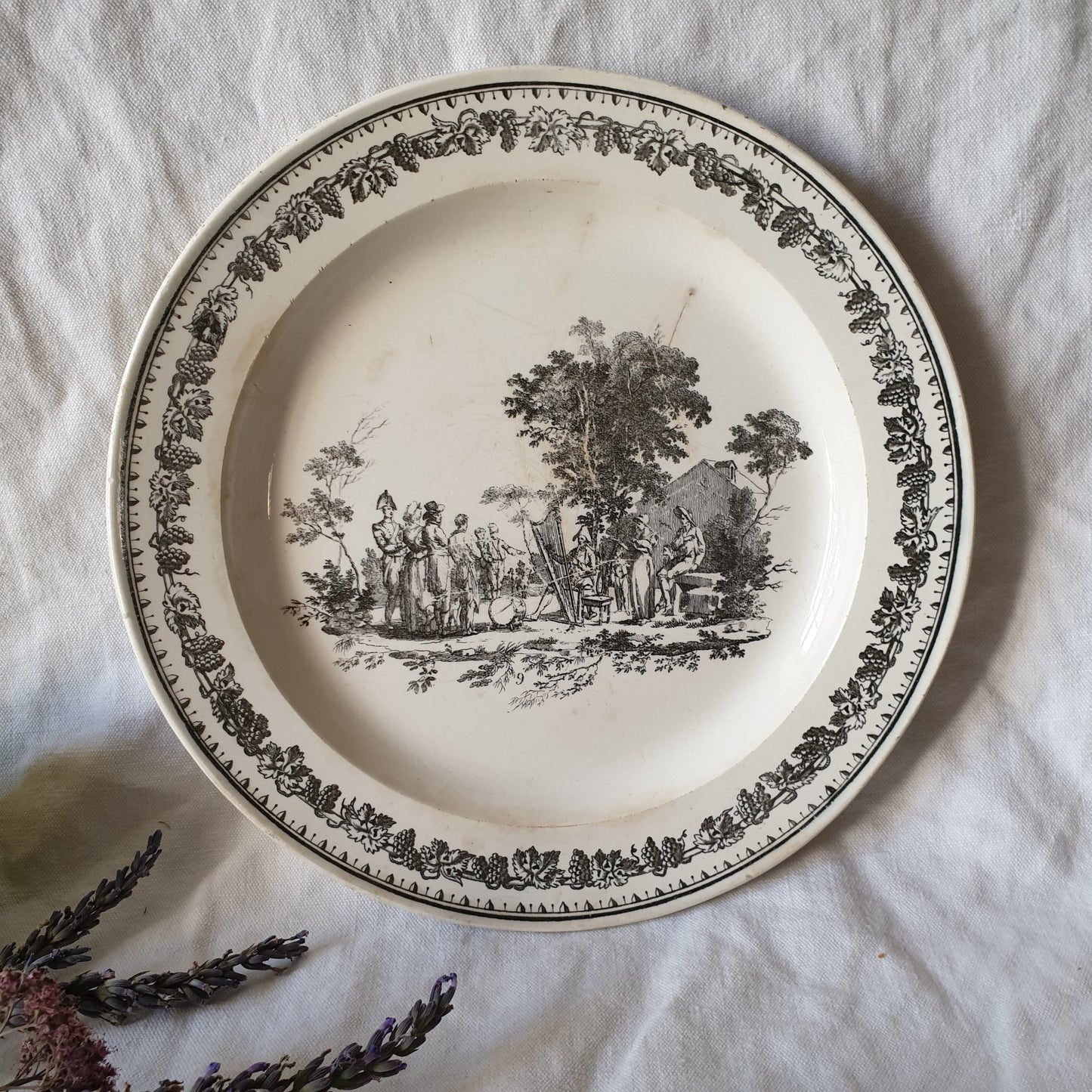 French antique fine faience plates c1820 black & white transferware, grape leaf border by Creil, countryside scenes, French Restoration era