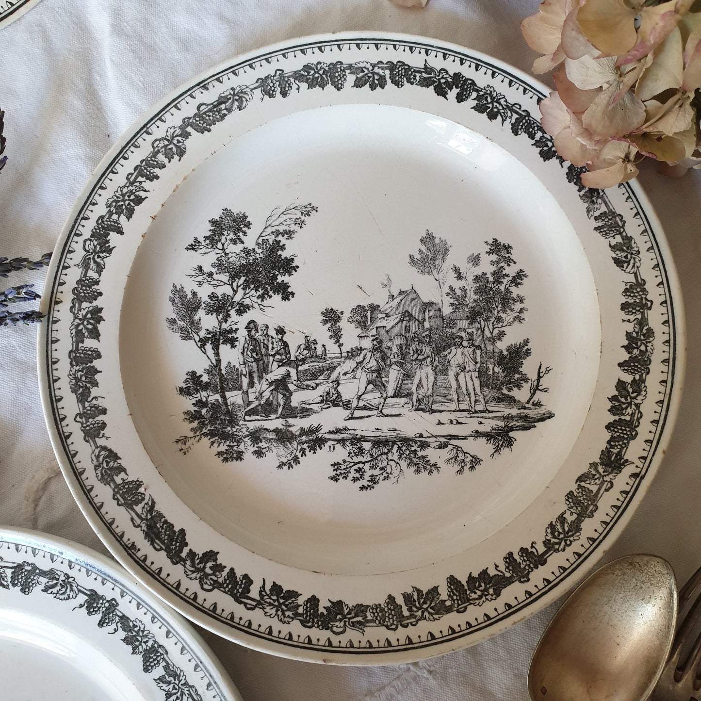 French antique fine faience plates c1820 black & white transferware, grape leaf border by Creil, countryside scenes, French Restoration era