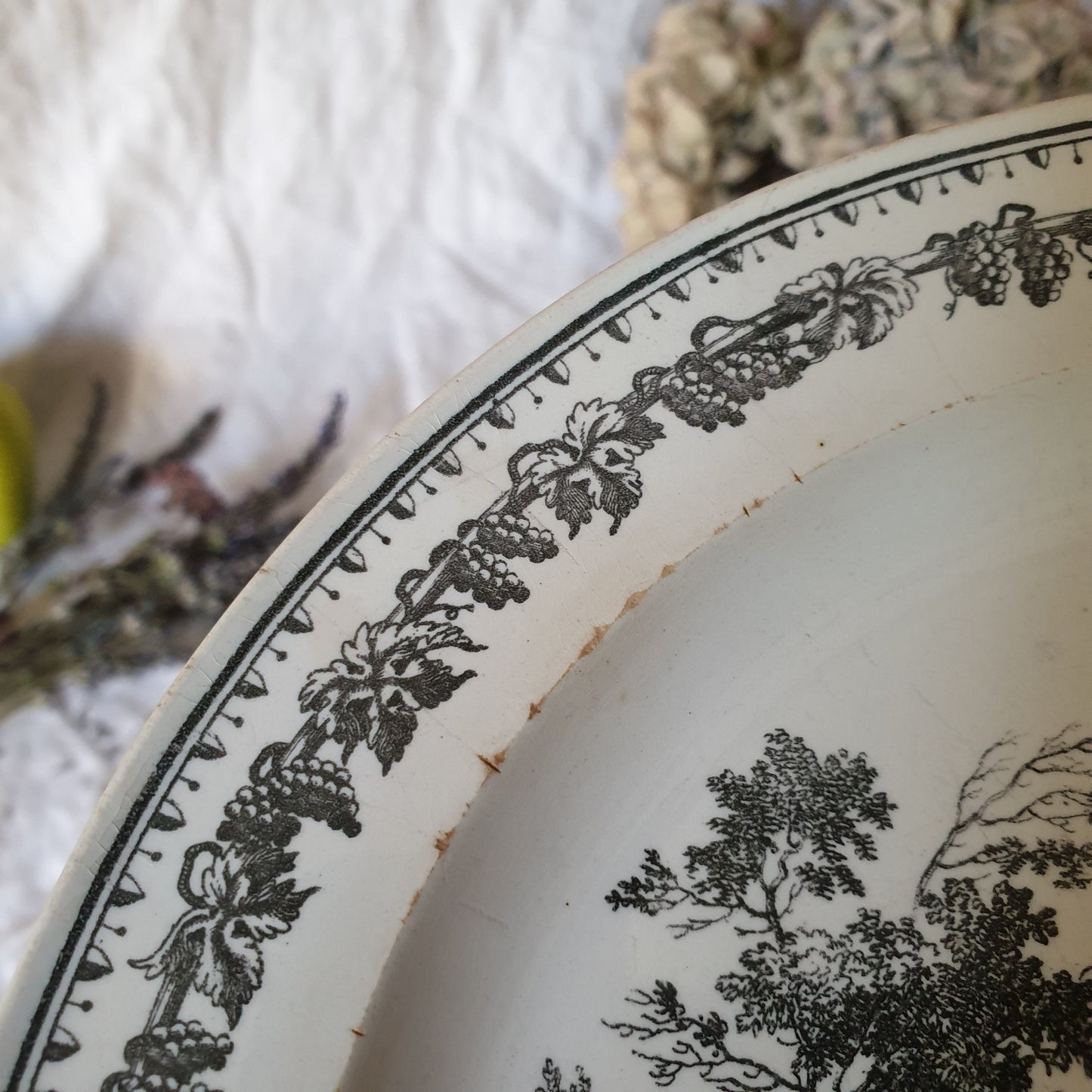 French antique fine faience plates c1820 black & white transferware, grape leaf border by Creil, countryside scenes, French Restoration era