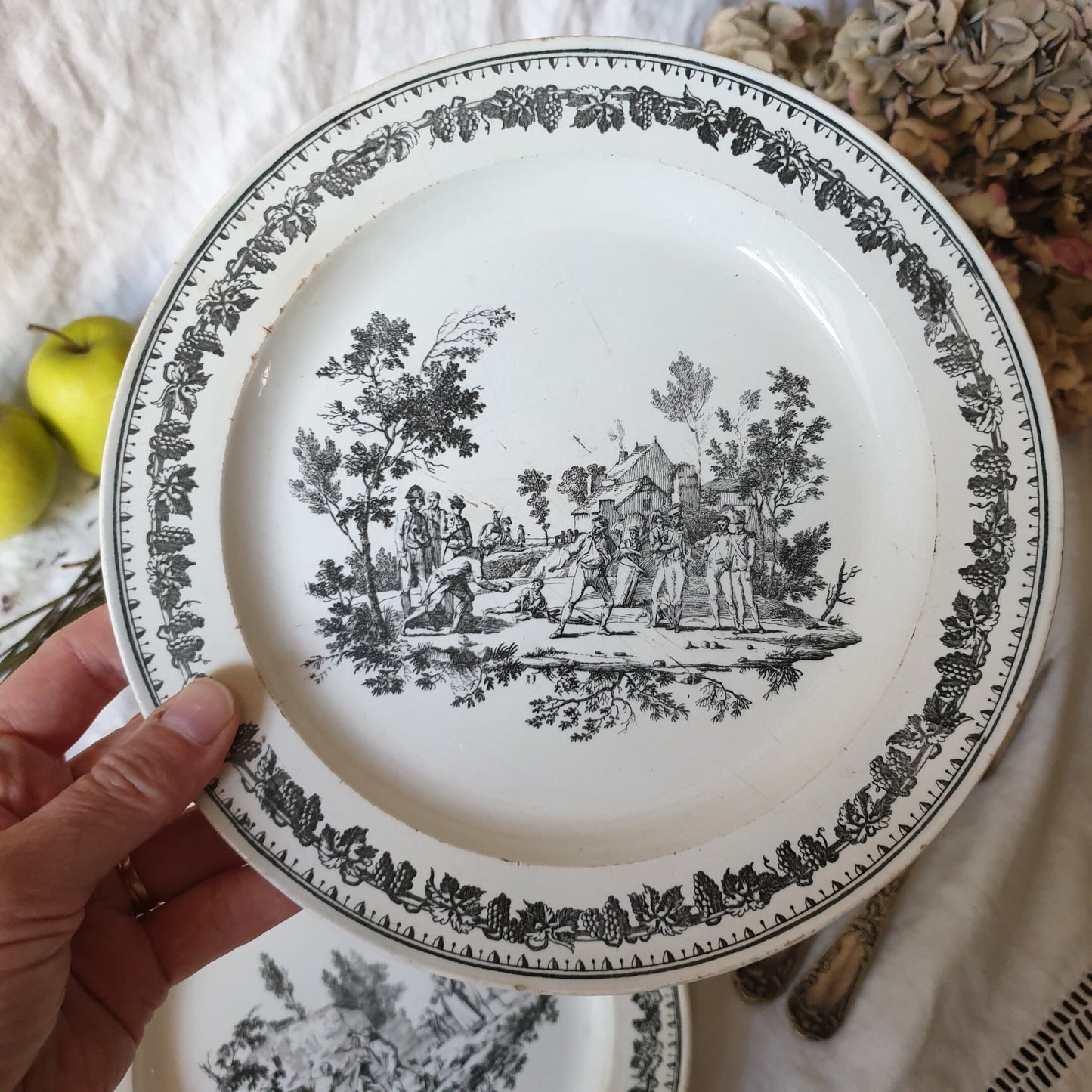 French antique fine faience plates c1820 black & white transferware, grape leaf border by Creil, countryside scenes, French Restoration era