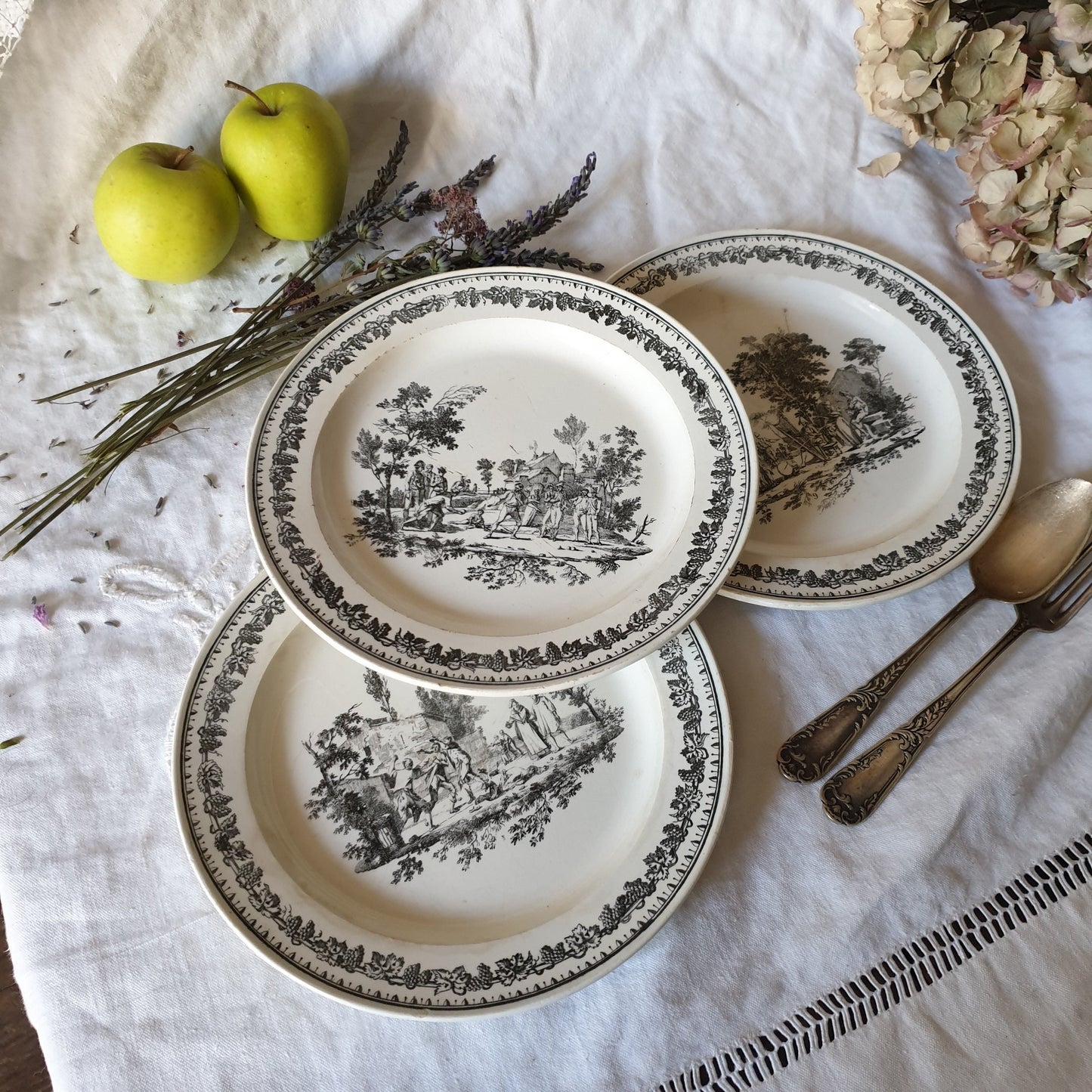 French antique fine faience plates c1820 black & white transferware, grape leaf border by Creil, countryside scenes, French Restoration era