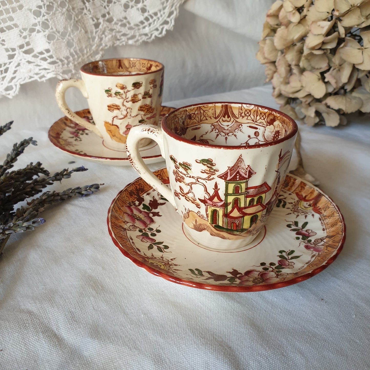 SET of 2 Antique Sarreguemines French cup and saucer duos, hand painted polychrome / brown transferware, Japonisme 19thC French faience