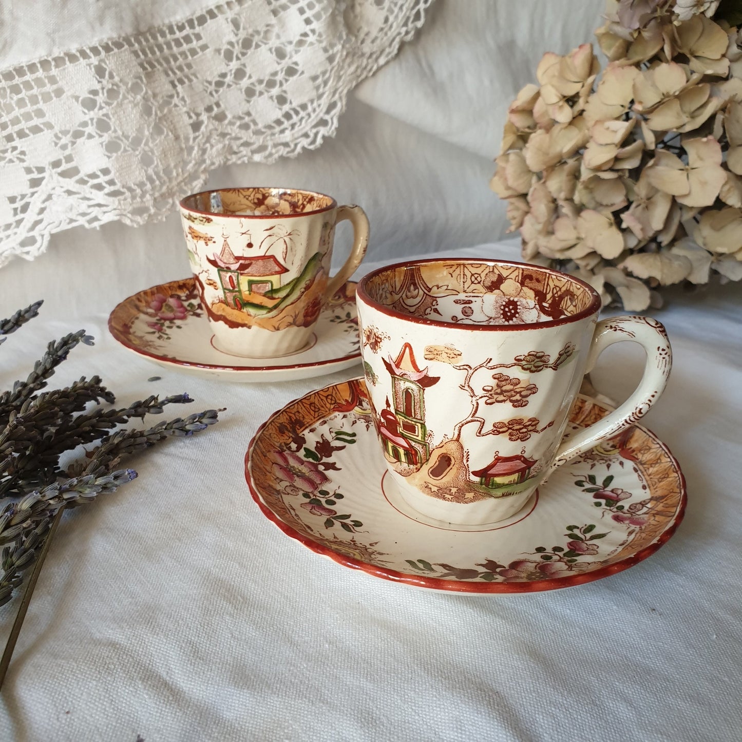 SET of 2 Antique Sarreguemines French cup and saucer duos, hand painted polychrome / brown transferware, Japonisme 19thC French faience