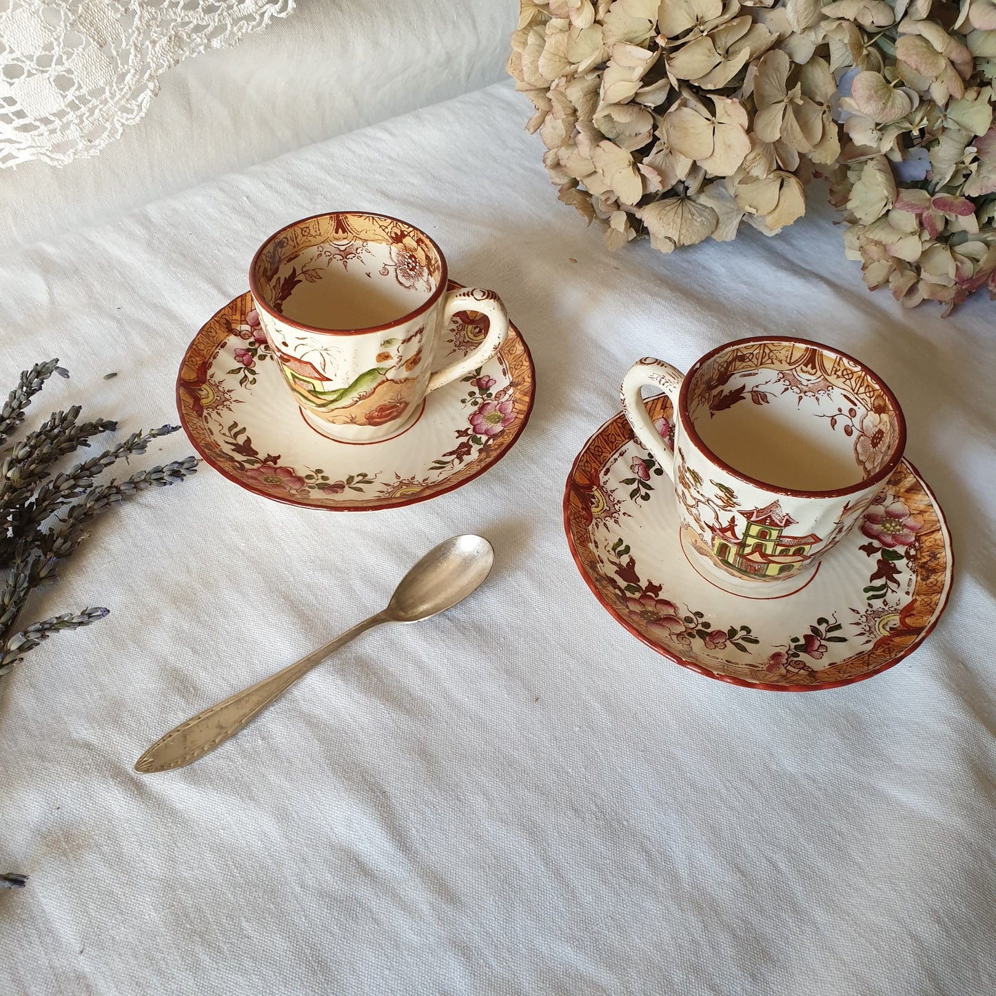 SET of 2 Antique Sarreguemines French cup and saucer duos, hand painted polychrome / brown transferware, Japonisme 19thC French faience