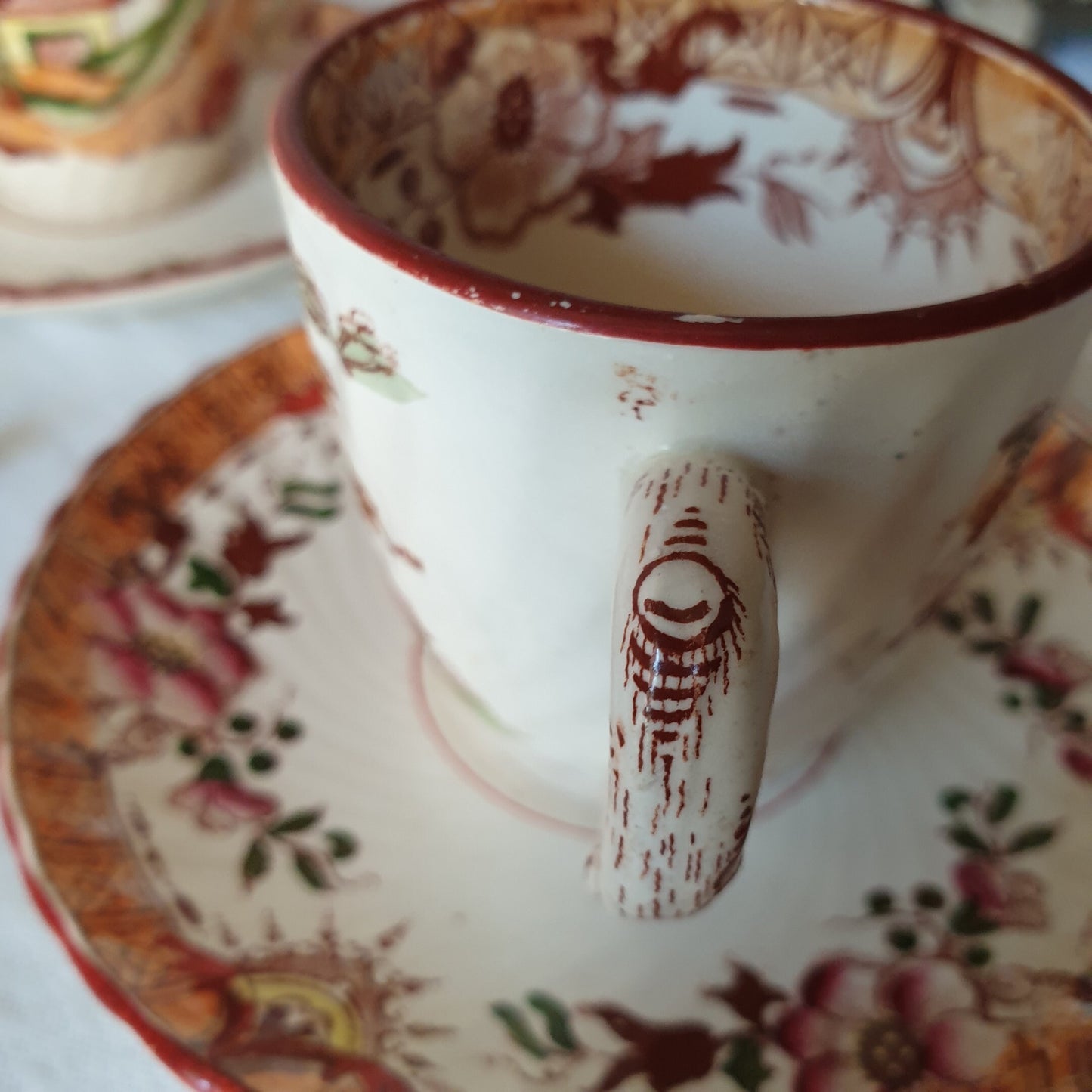 SET of 2 Antique Sarreguemines French cup and saucer duos, hand painted polychrome / brown transferware, Japonisme 19thC French faience