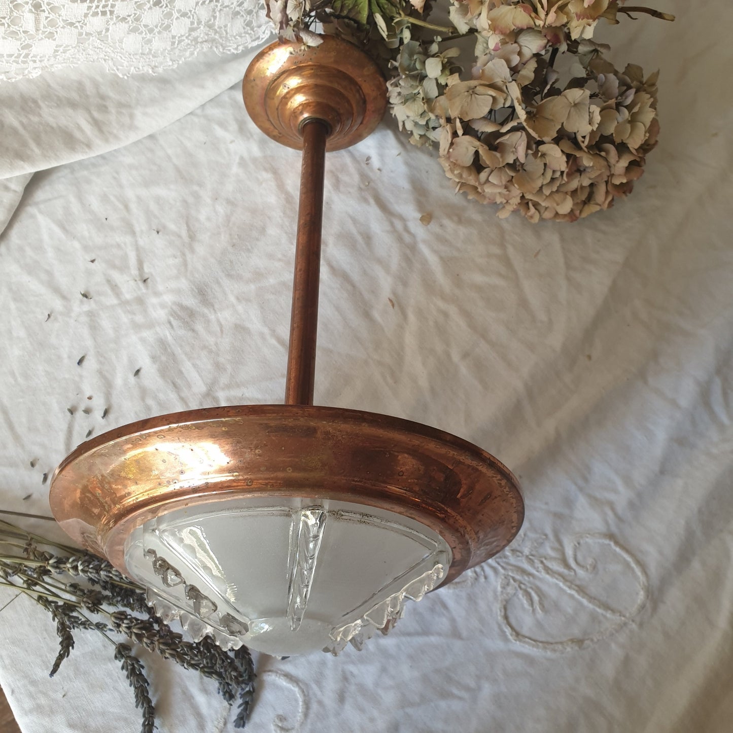 Art Deco light French EZAN copper & icicle stalactite glass shade, c1930 pendant fitting adjustable length with frosted glass shade