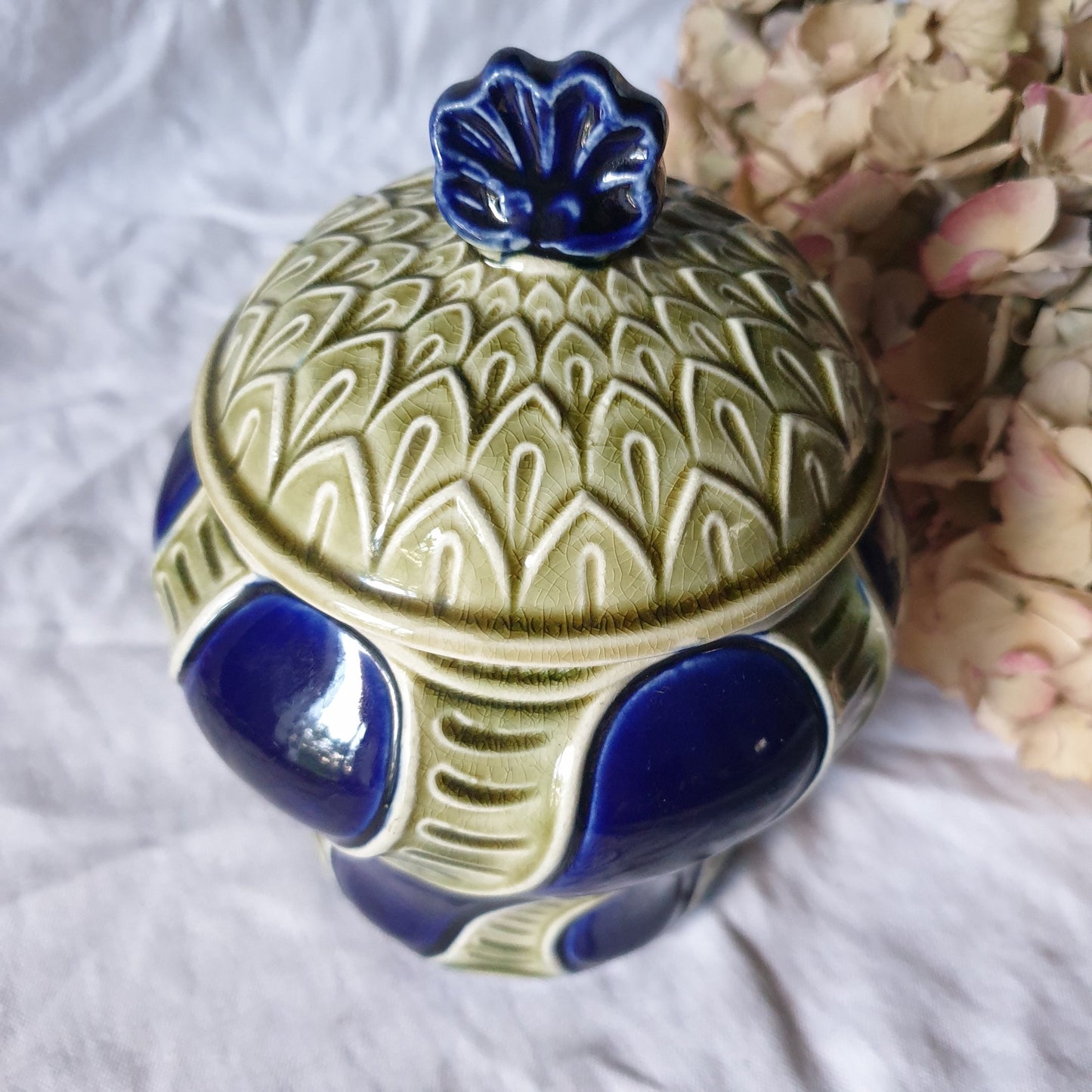 Antique majolica French lidded jar, sculpted navy blue with sage green fluted twist design, Faiencerie de Fives Lille, France c1890-1920