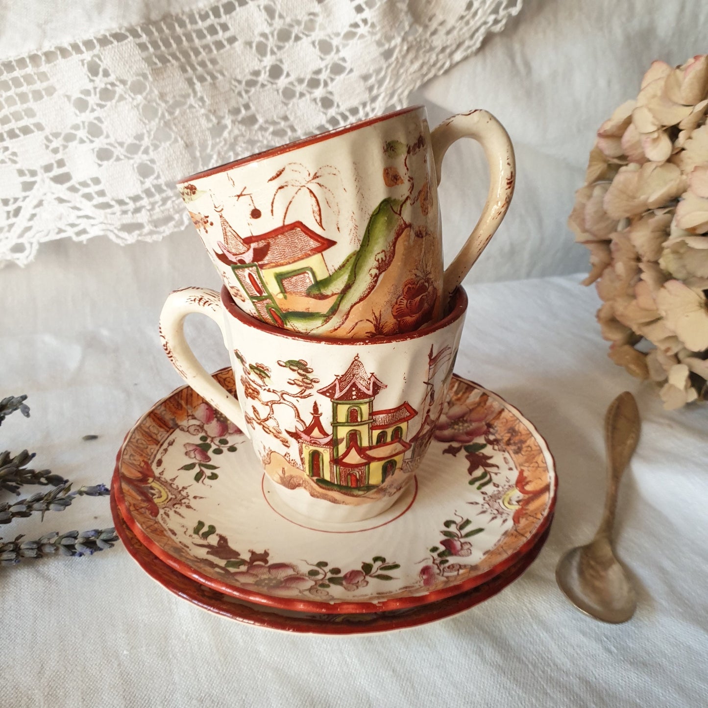SET of 2 Antique Sarreguemines French cup and saucer duos, hand painted polychrome / brown transferware, Japonisme 19thC French faience