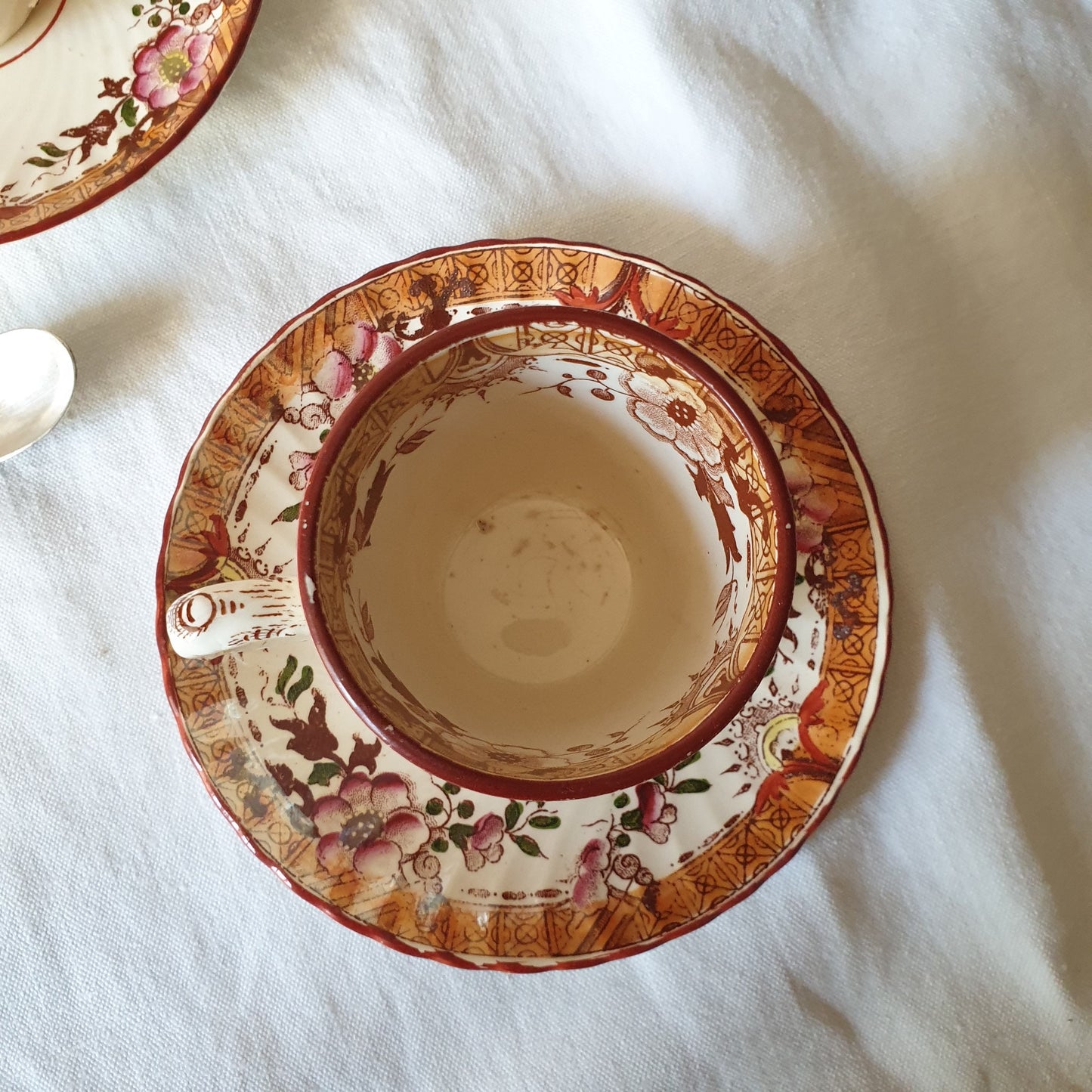 SET of 2 Antique Sarreguemines French cup and saucer duos, hand painted polychrome / brown transferware, Japonisme 19thC French faience