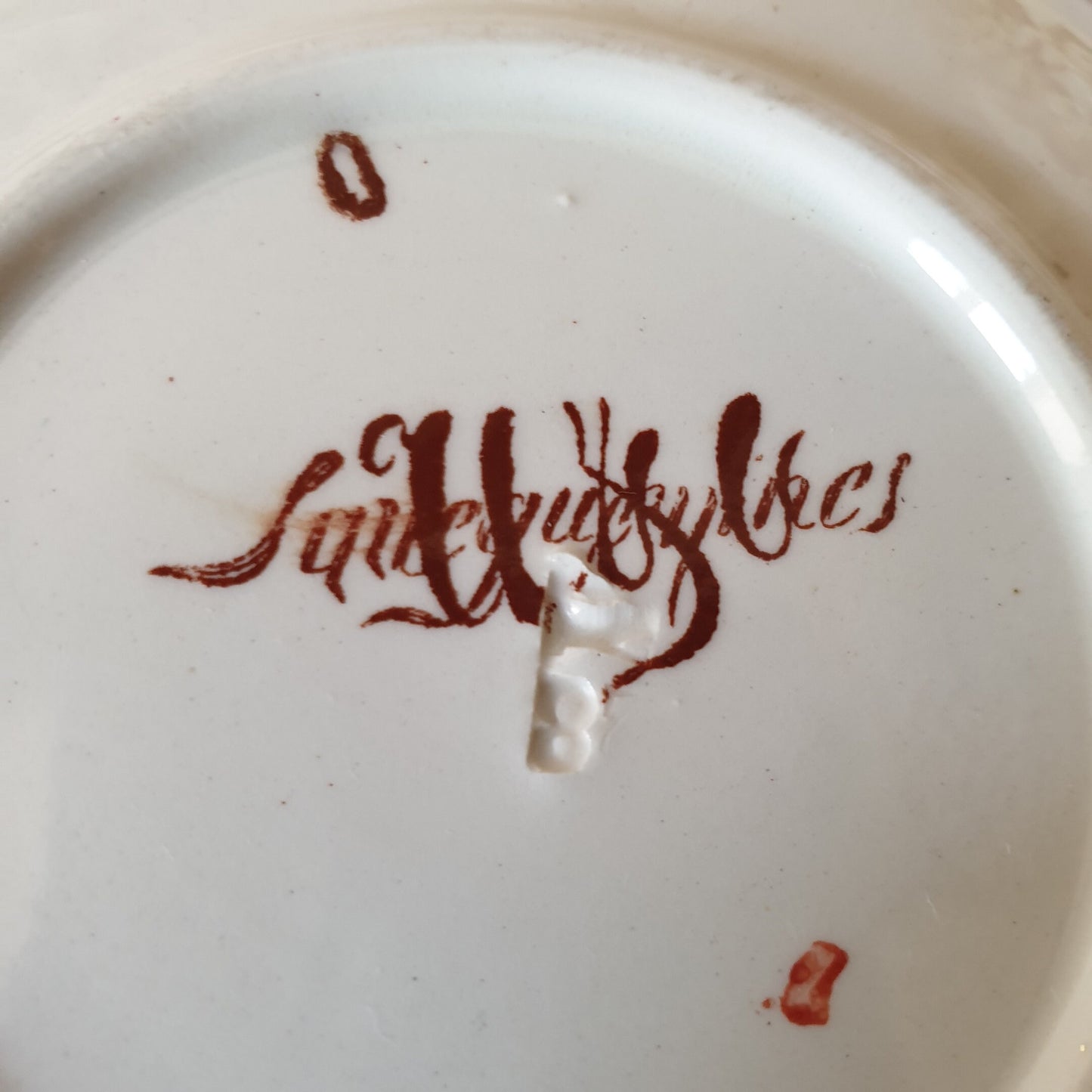 SET of 2 Antique Sarreguemines French cup and saucer duos, hand painted polychrome / brown transferware, Japonisme 19thC French faience