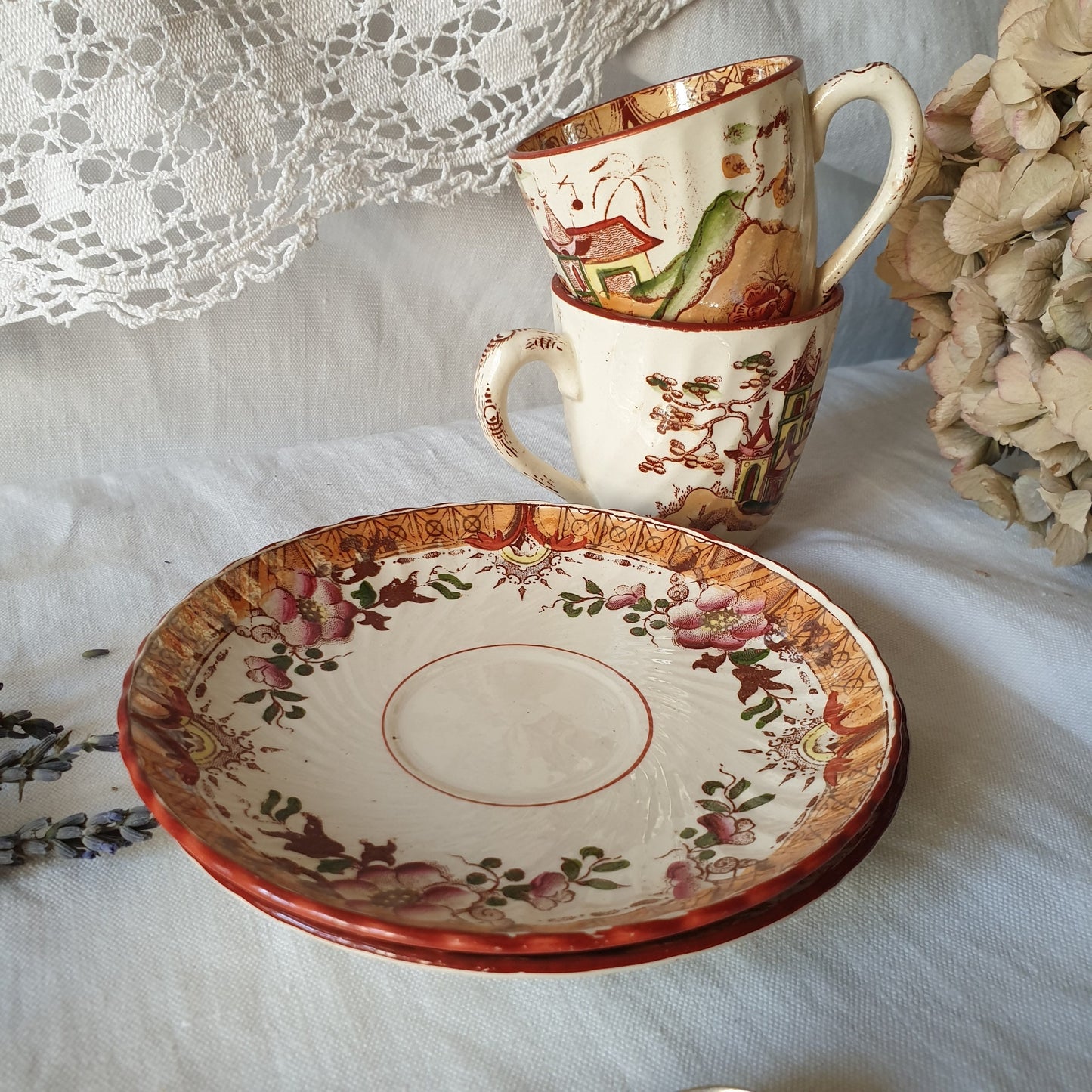 SET of 2 Antique Sarreguemines French cup and saucer duos, hand painted polychrome / brown transferware, Japonisme 19thC French faience