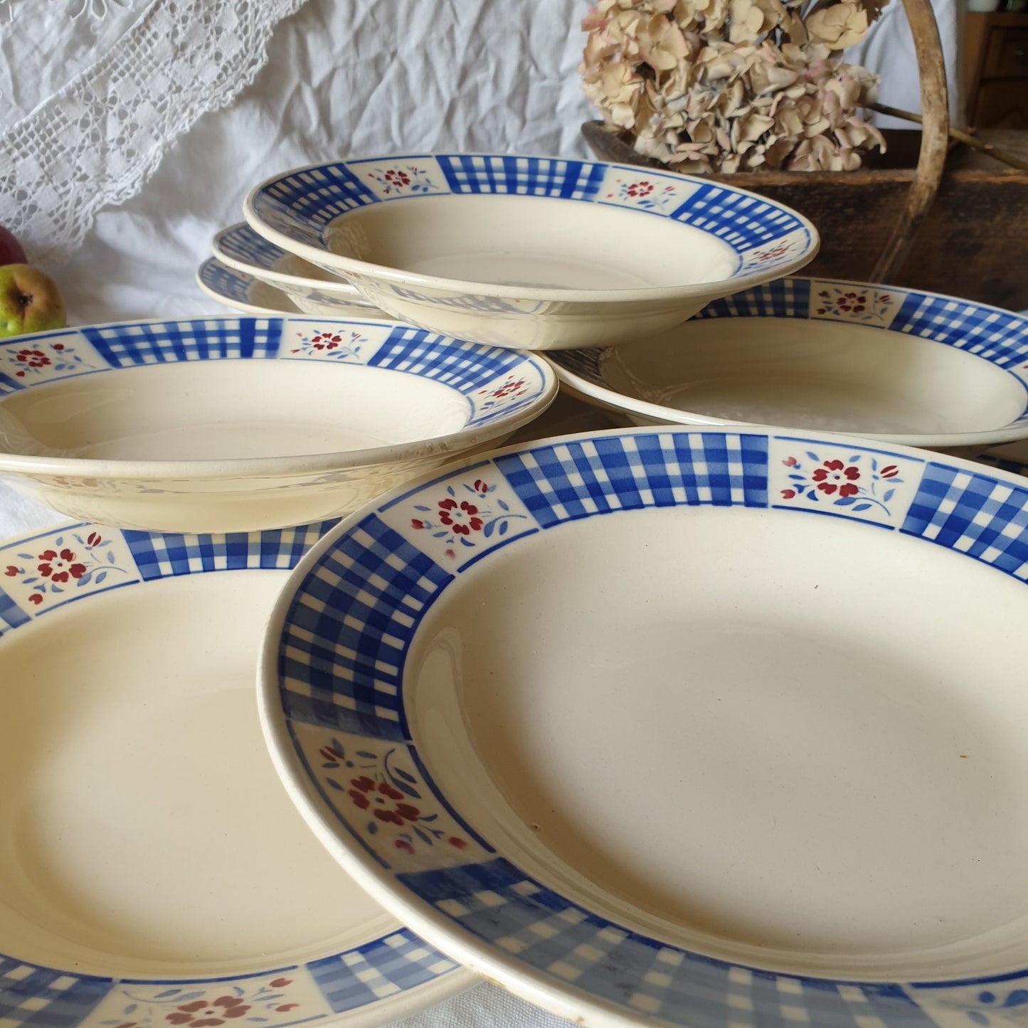 Vintage French Luneville Dinnerware, Blue White Check, 10-Places, 25 Piece Set