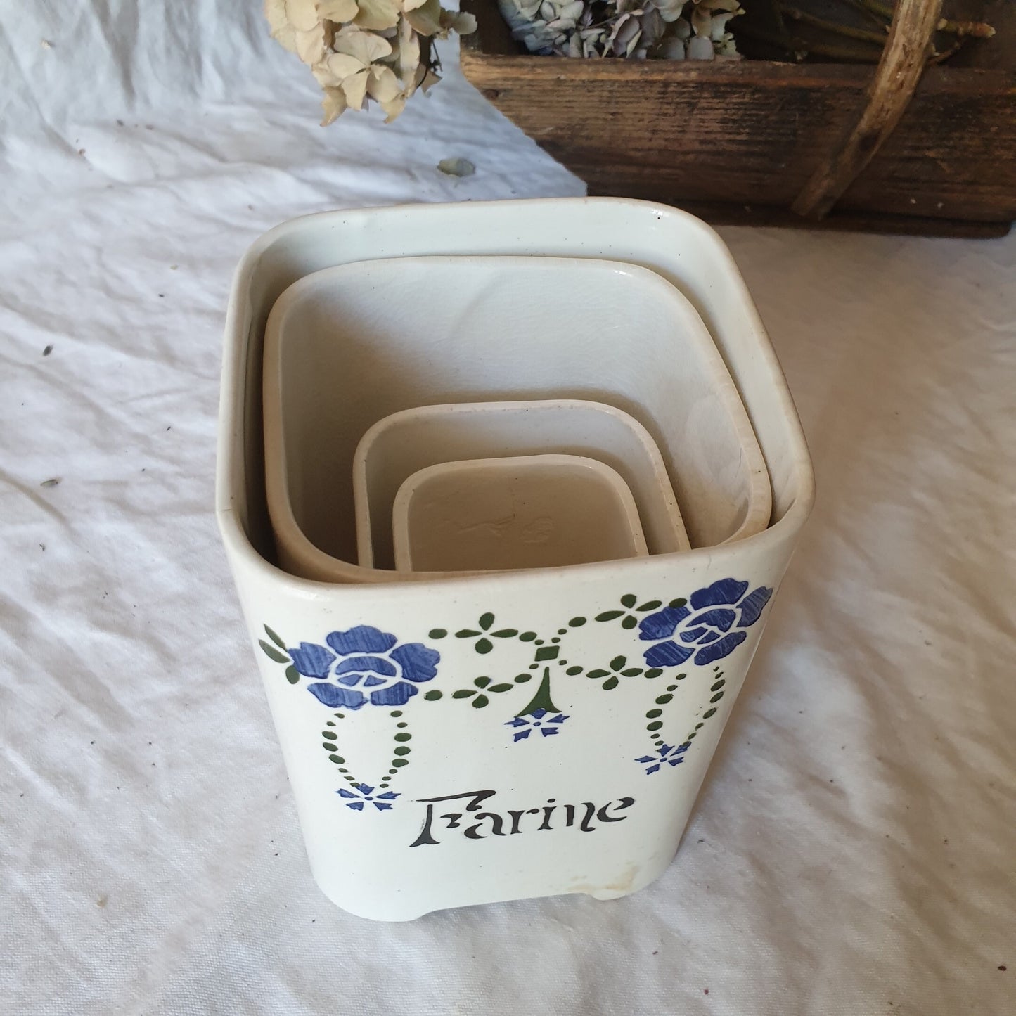 Set 4 Antique French Ceramic Kitchen Canisters, Art Nouveau Eiffel Tower Floral Set