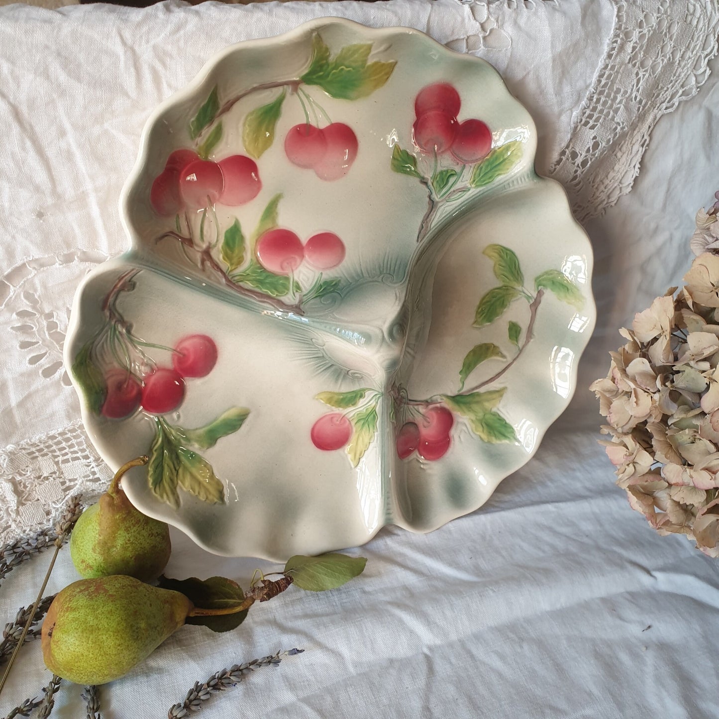 French antique barbotine majolica trefoil divided dish, pink cherries on duck egg green Art Nouveau design from Saint Clement France c1920