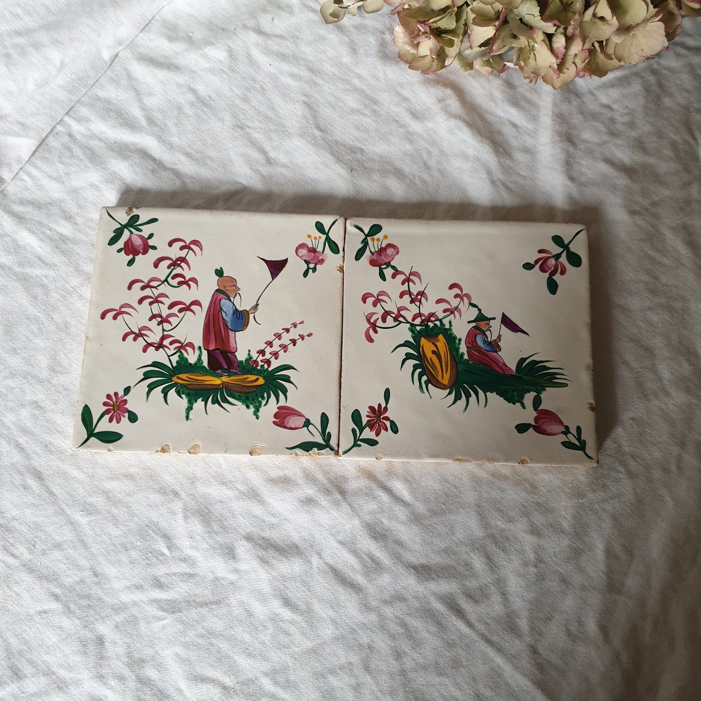 Antique French Chinoiserie Earthenware Tiles, Hand Painted Pair, c1900