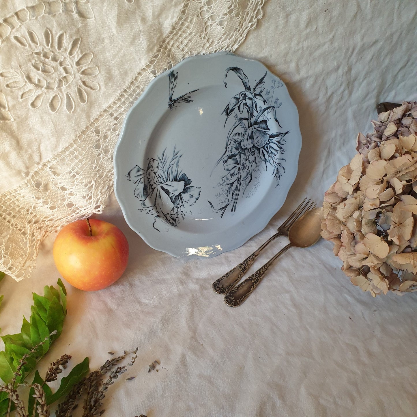 French antique Aesthetic Movement plate, powder blue ground w navy transferware of dragonfly and florals, the style of Pierre Mallet