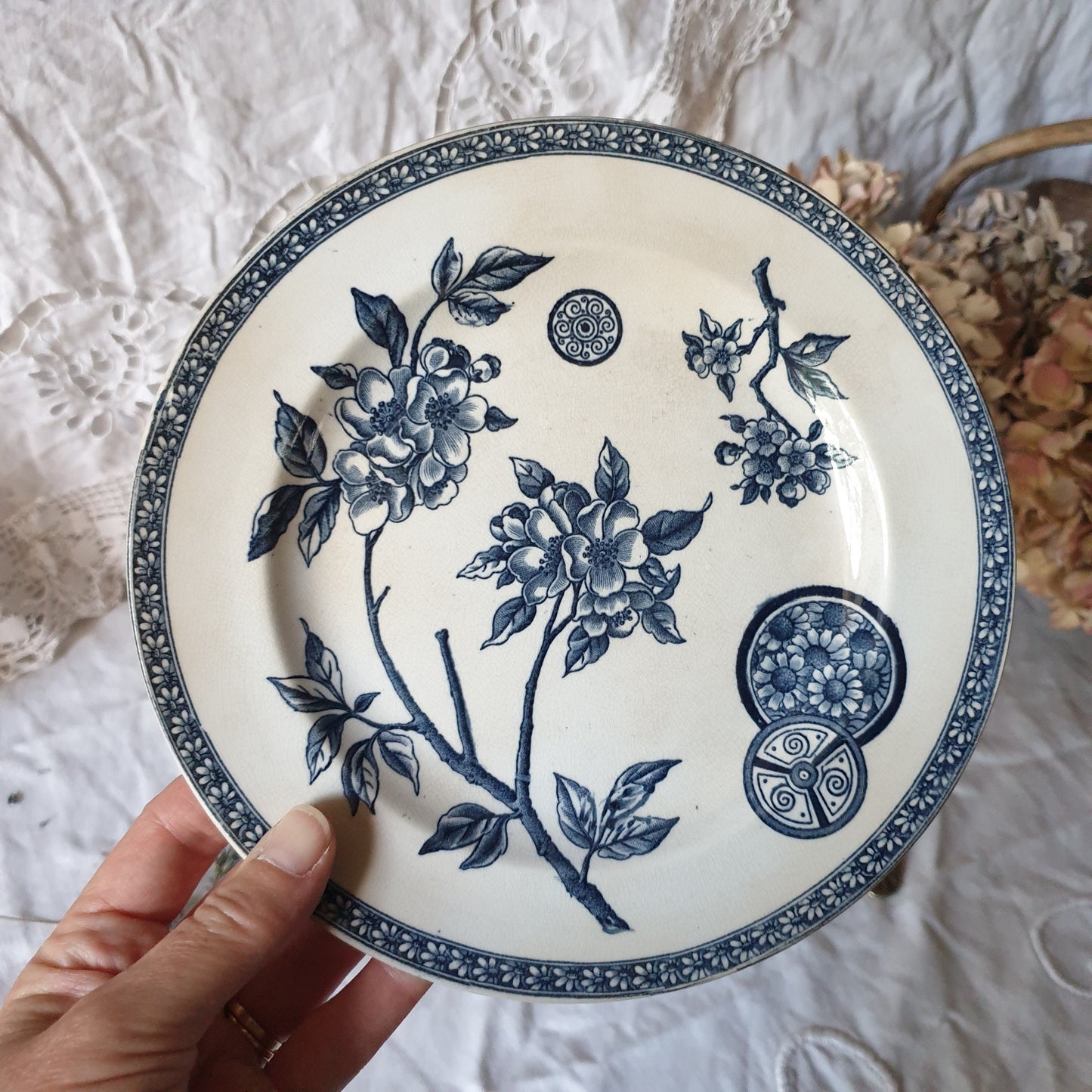 French antique side plates navy blue transfer printed c1890 Grand Depot, Paris, Aesthetic Movement, Arts and Crafts, Staffordshire pottery