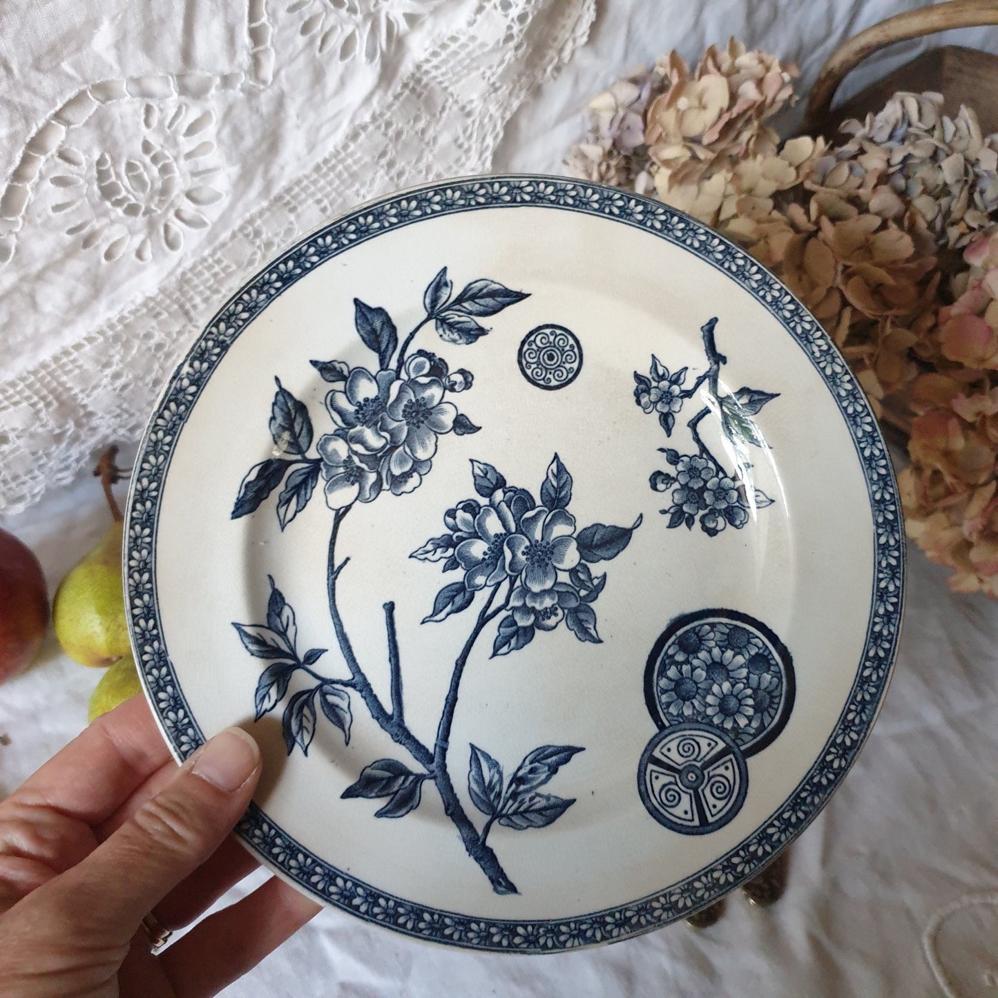 French antique side plates navy blue transfer printed c1890 Grand Depot, Paris, Aesthetic Movement, Arts and Crafts, Staffordshire pottery