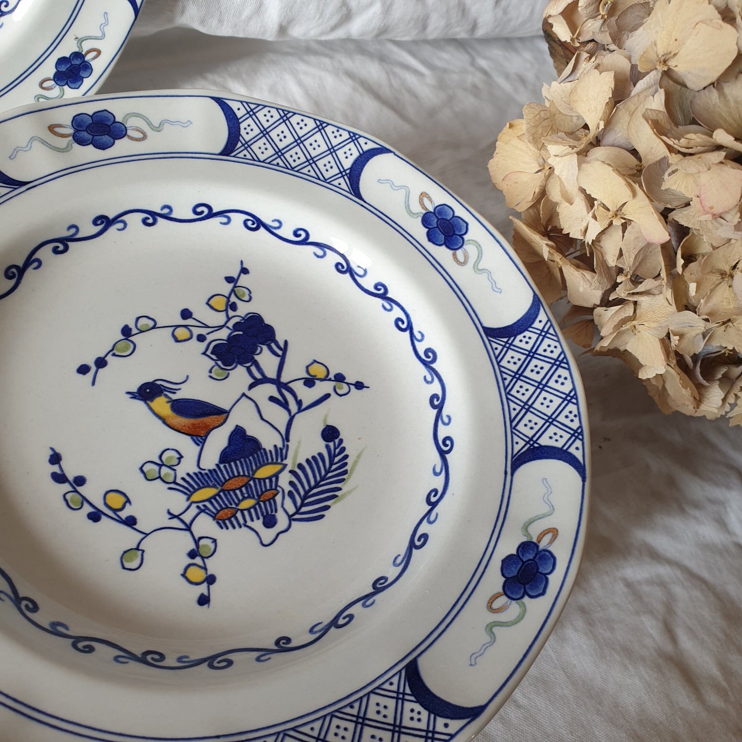 Set of 12 vintage Wedgwood blue bird side plates 'Volendam', Georgetown Collections, bird of paradise floral navy blue w yellow ochre design
