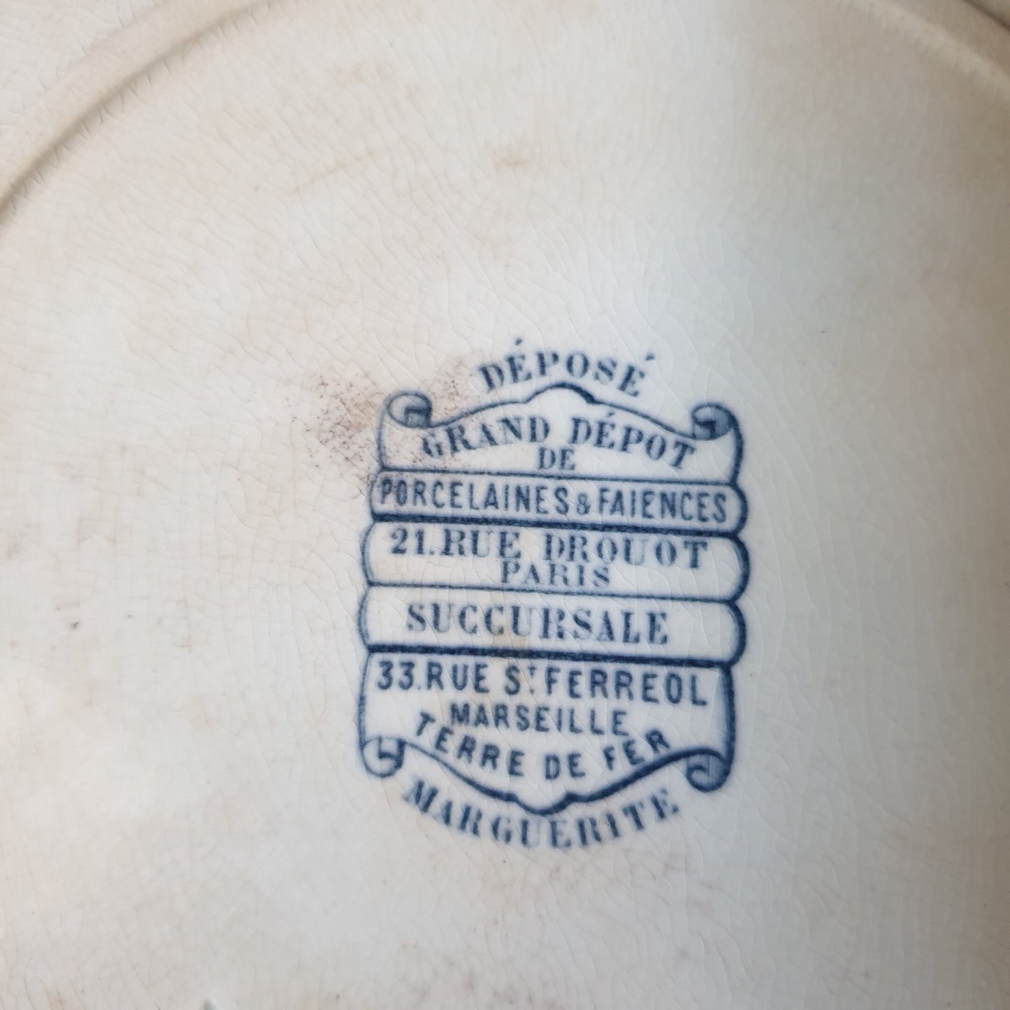 French antique side plates navy blue transfer printed c1890 Grand Depot, Paris, Aesthetic Movement, Arts and Crafts, Staffordshire pottery