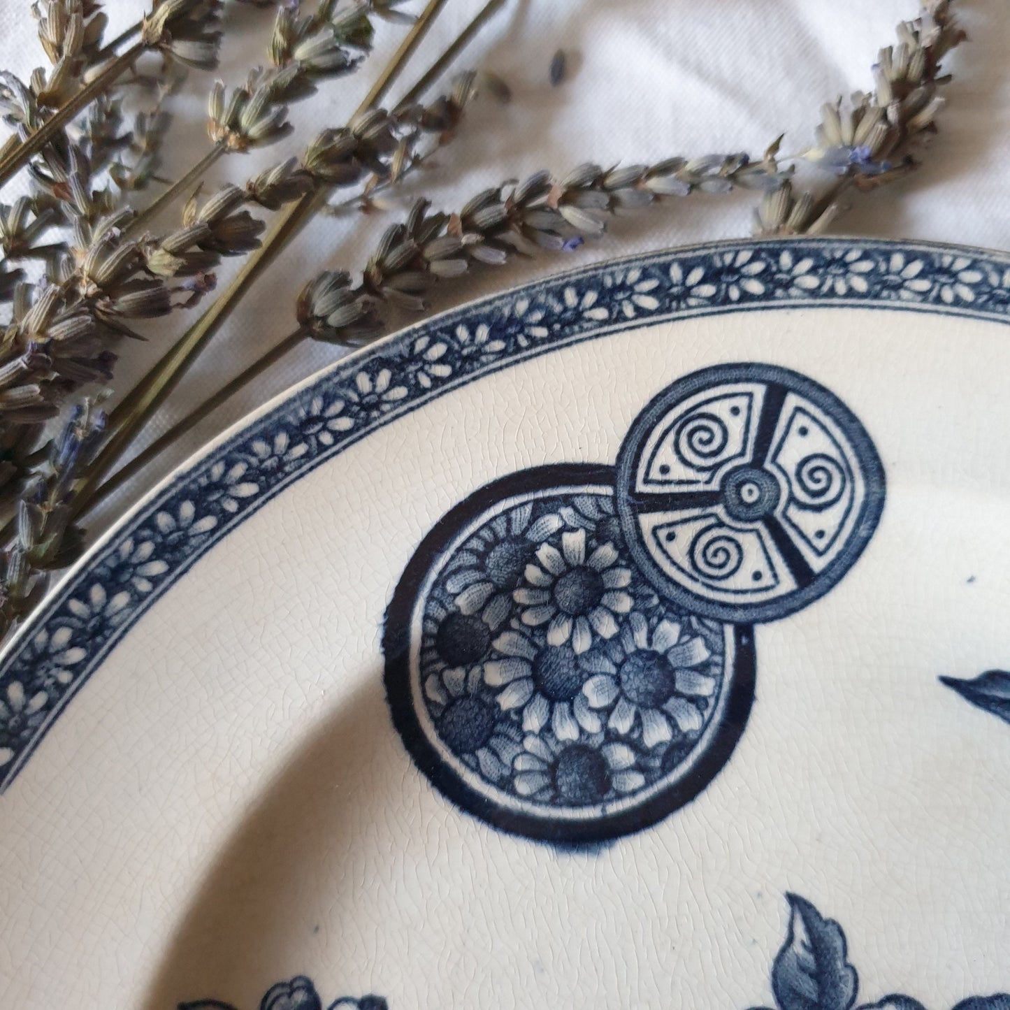 French antique side plates navy blue transfer printed c1890 Grand Depot, Paris, Aesthetic Movement, Arts and Crafts, Staffordshire pottery