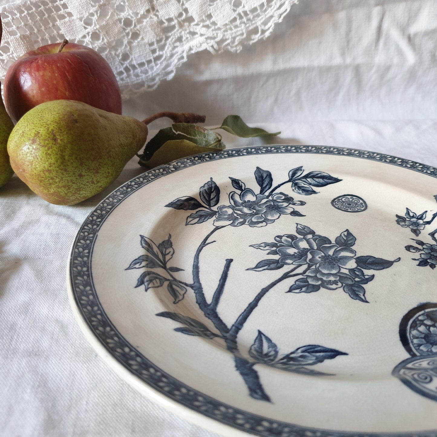 Antique French Ironstone Plate, Navy Blue Floral Transferware, c1890