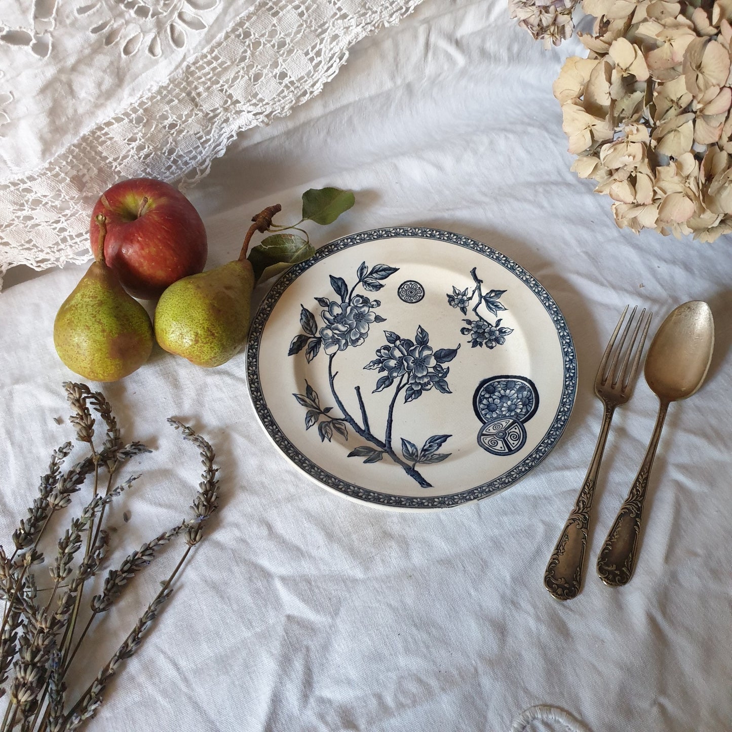French antique side plates navy blue transfer printed c1890 Grand Depot, Paris, Aesthetic Movement, Arts and Crafts, Staffordshire pottery
