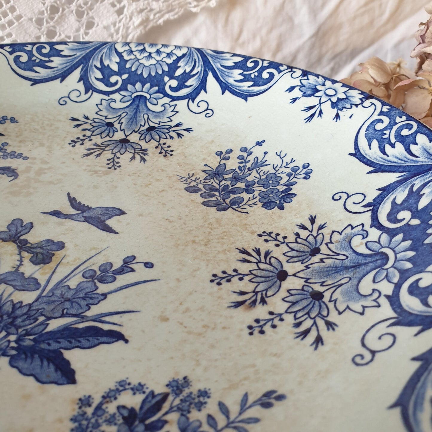 French antique shabby tea stained cake stand compotier, Longwy 'Delft' pattern w birds, floral blue transferware, c1886 Aesthetic Movement