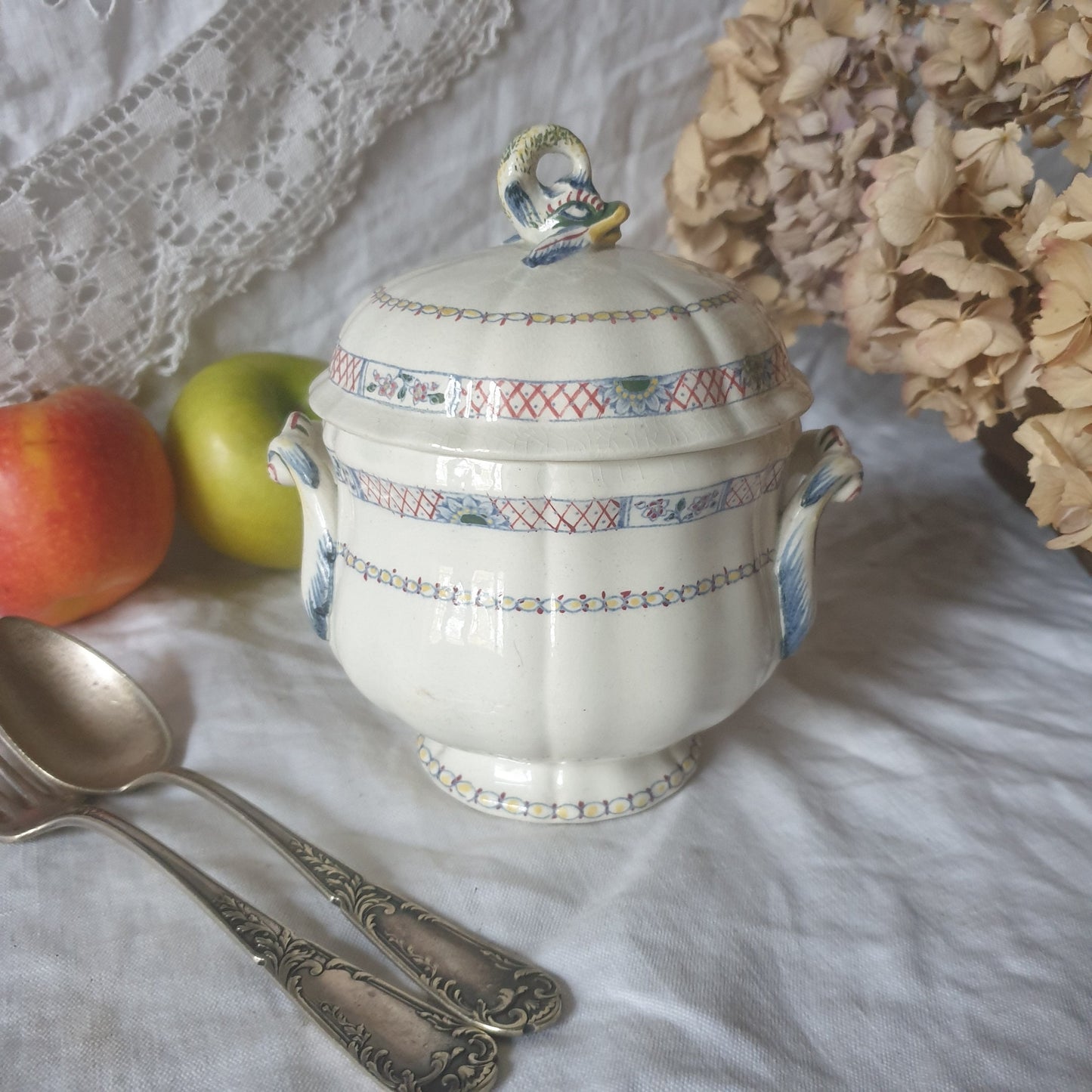 French antique Gien, France hand painted barbotine lidded cache pot, white ironstone majolica w dolphin lid finial, late 19th c