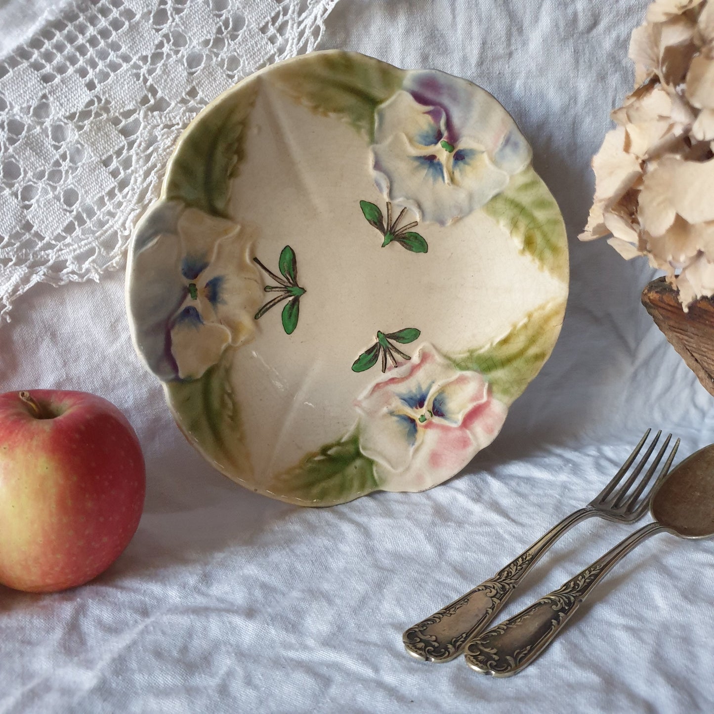 French antique mid 19th C barbotine majolica plate, pansy flower floral design from Hautin Boulenger et Cie Choisy-le-Roi France c1800s