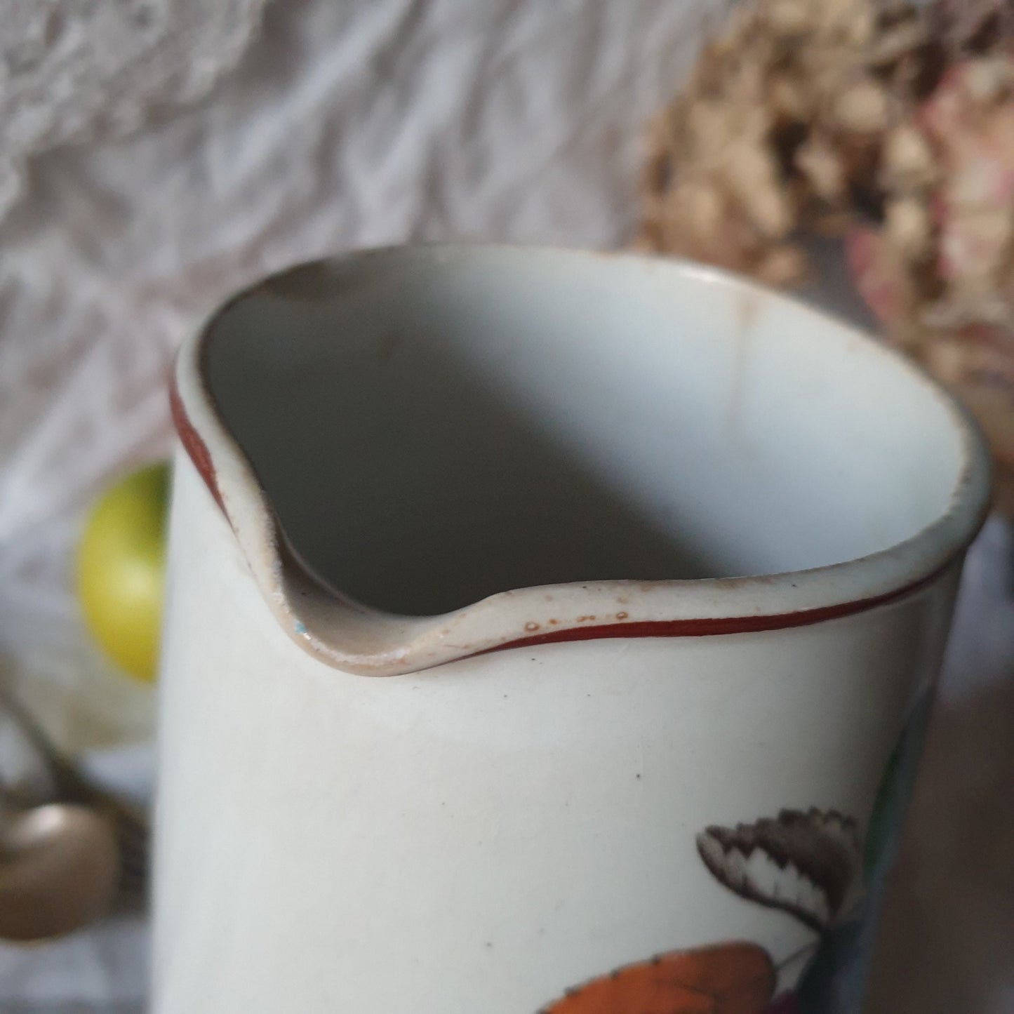 Antique white ironstone Victorian jug, floral polychrome hand colored brown transferware pitcher, wild rose, Aesthetic Movement c1900