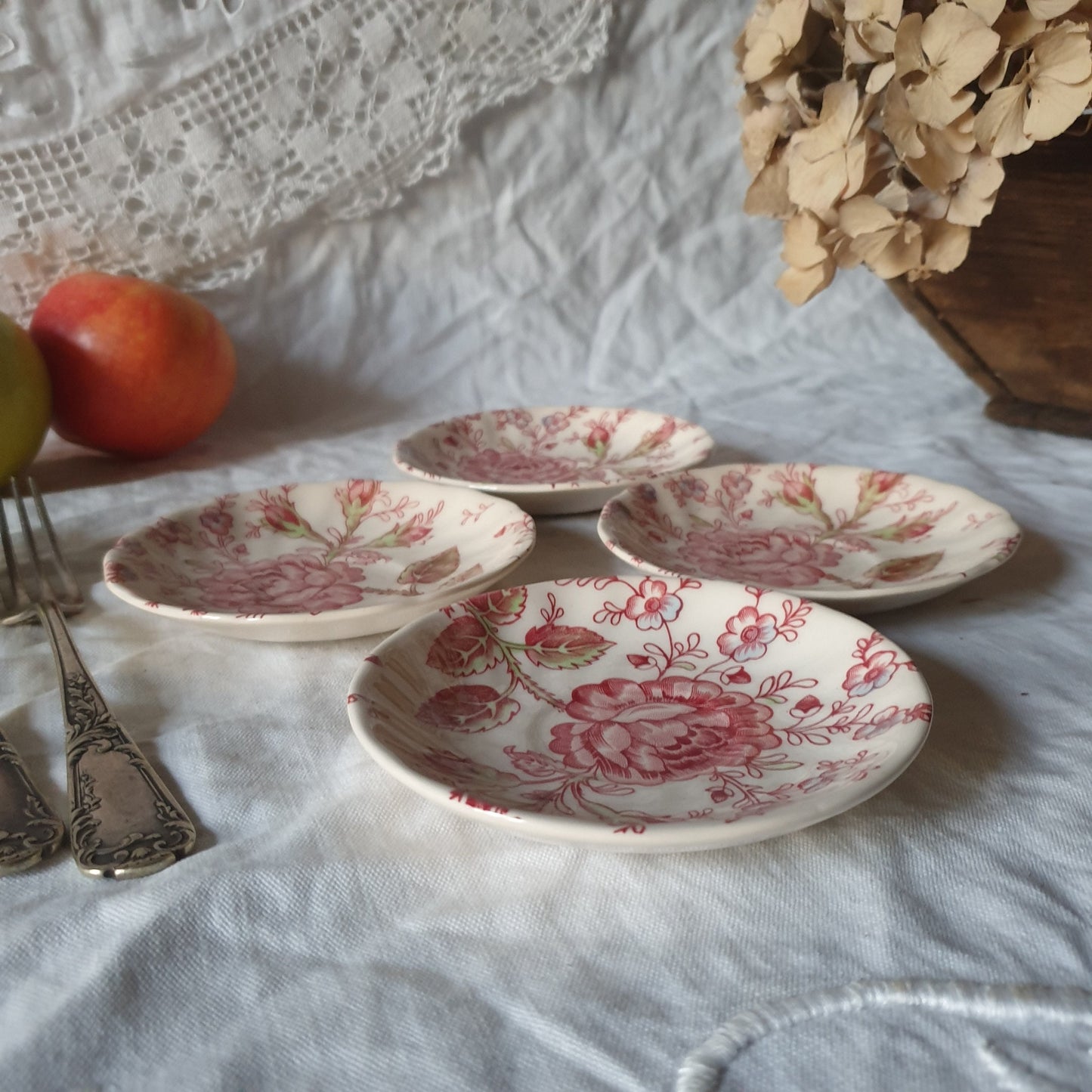 SET of 4 Vintage rose Staffordshire very small plates, floral rose pattern by Johnson Bros c1970-1980 all over pattern