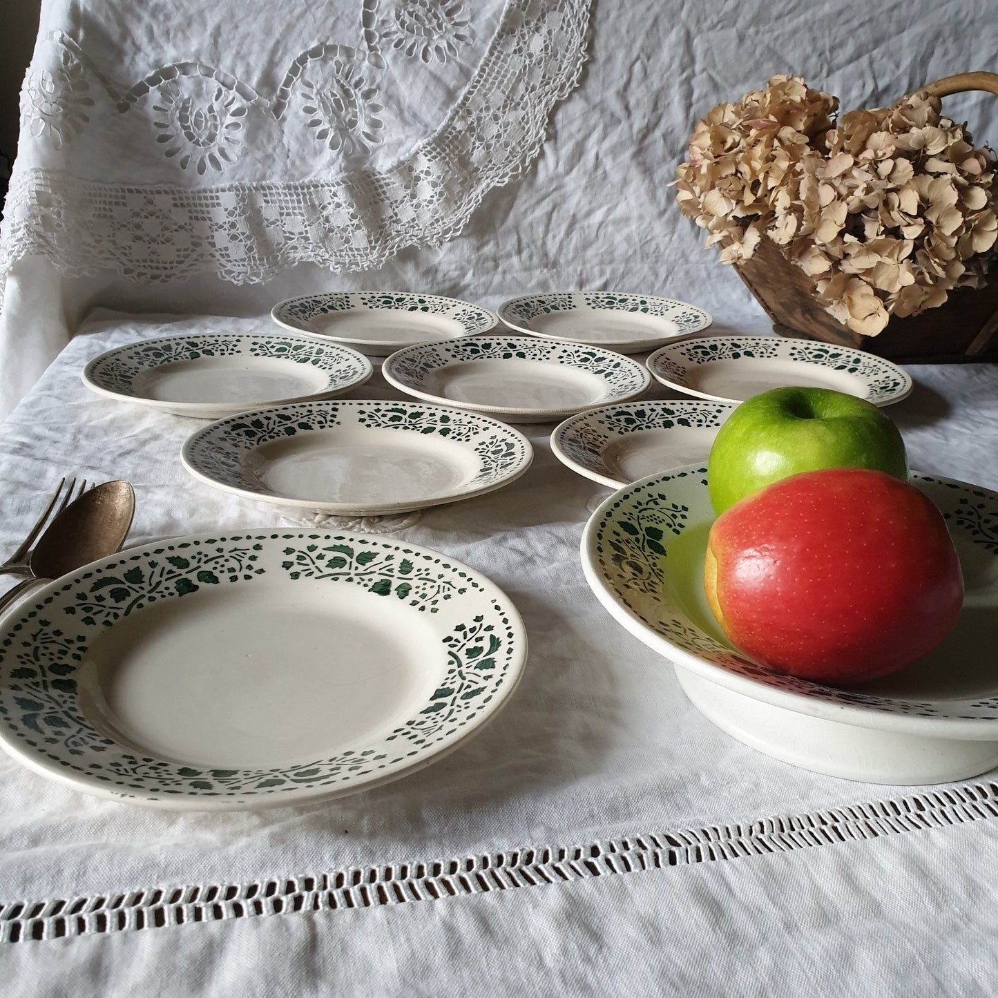 Vintage French Art Deco Ironstone Plate Set: Choisy-le-roi Green Leaf Dessert Plates & Cake Stand