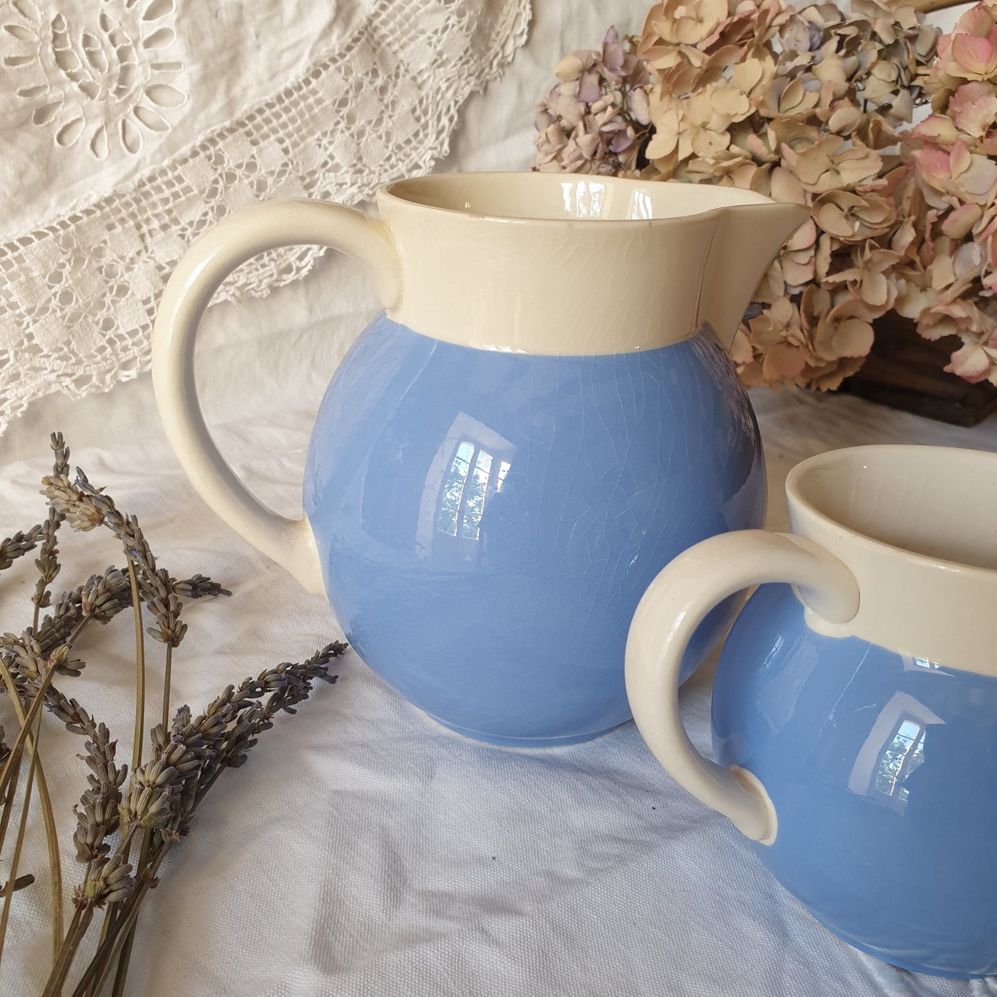 Pair of Villeroy and Boch jugs, French Saar Economic Union cornflower blue and white pitchers, c1950, ironstone faience earthenware