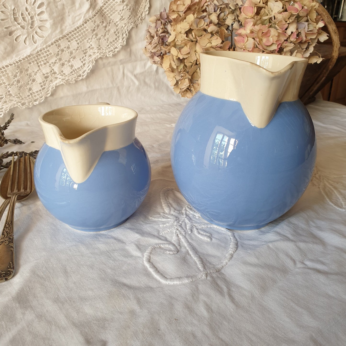 Pair of Villeroy and Boch jugs, French Saar Economic Union cornflower blue and white pitchers, c1950, ironstone faience earthenware