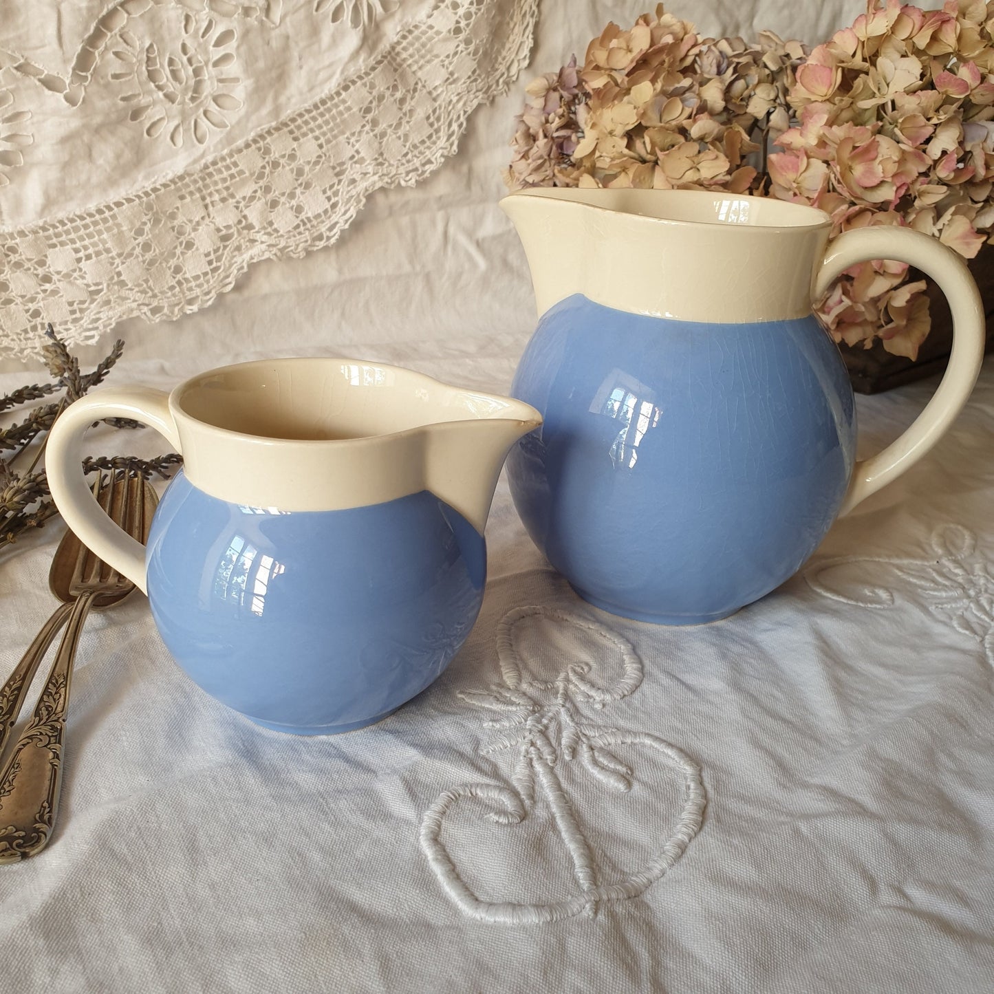 Pair of Villeroy and Boch jugs, French Saar Economic Union cornflower blue and white pitchers, c1950, ironstone faience earthenware