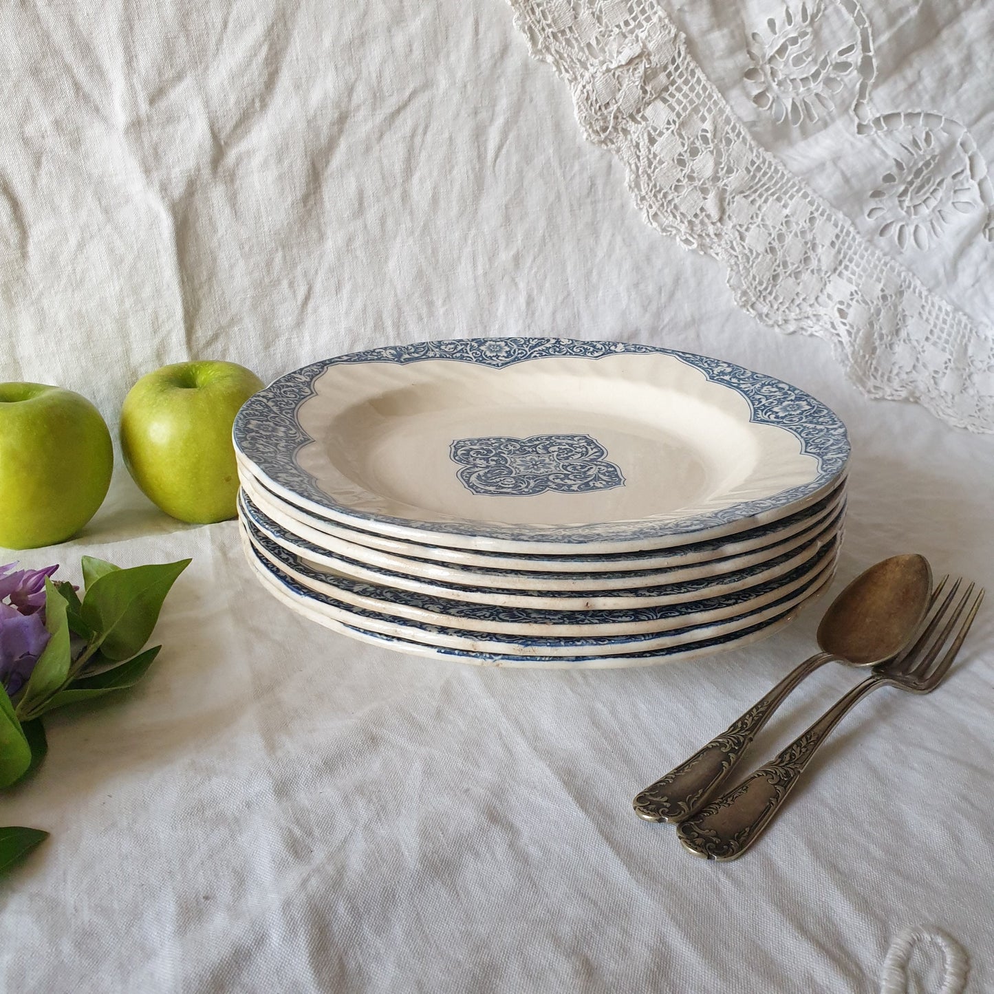 SET of 6 large antique plates French petrol blue transfer printed w floral armorial pattern, flowers, scrolls, Neoclassical, Gien France