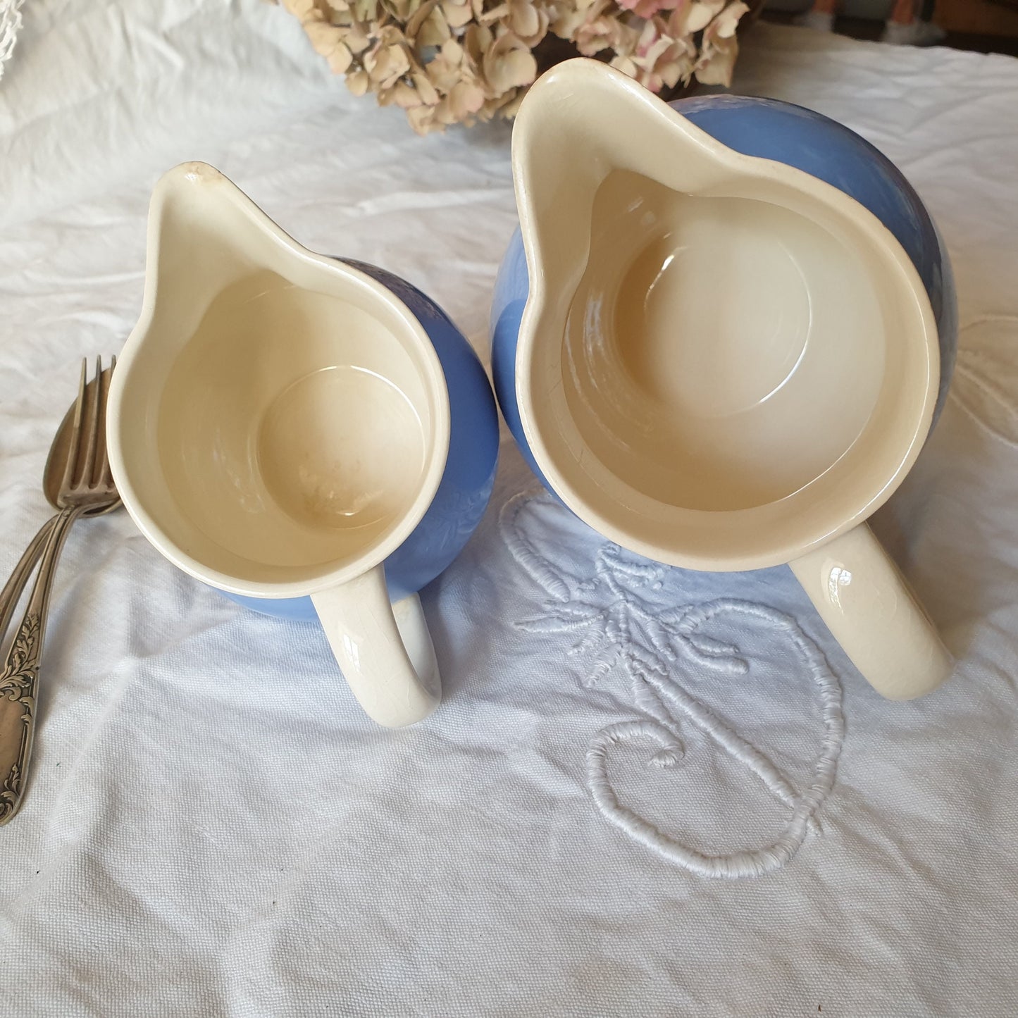 Pair of Villeroy and Boch jugs, French Saar Economic Union cornflower blue and white pitchers, c1950, ironstone faience earthenware
