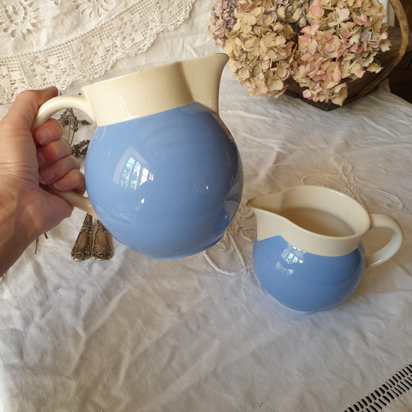 Pair of Villeroy and Boch jugs, French Saar Economic Union cornflower blue and white pitchers, c1950, ironstone faience earthenware