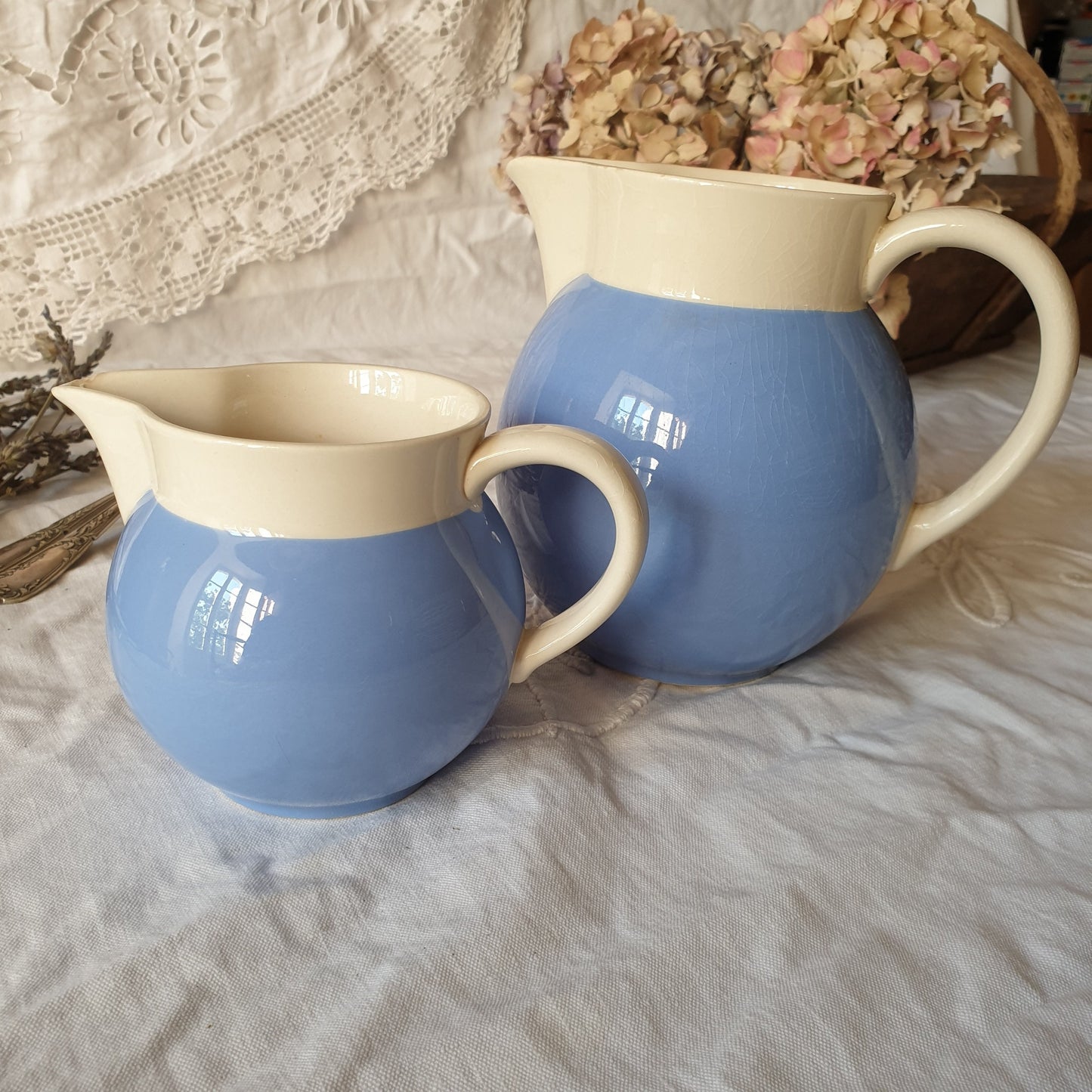 Pair of Villeroy and Boch jugs, French Saar Economic Union cornflower blue and white pitchers, c1950, ironstone faience earthenware
