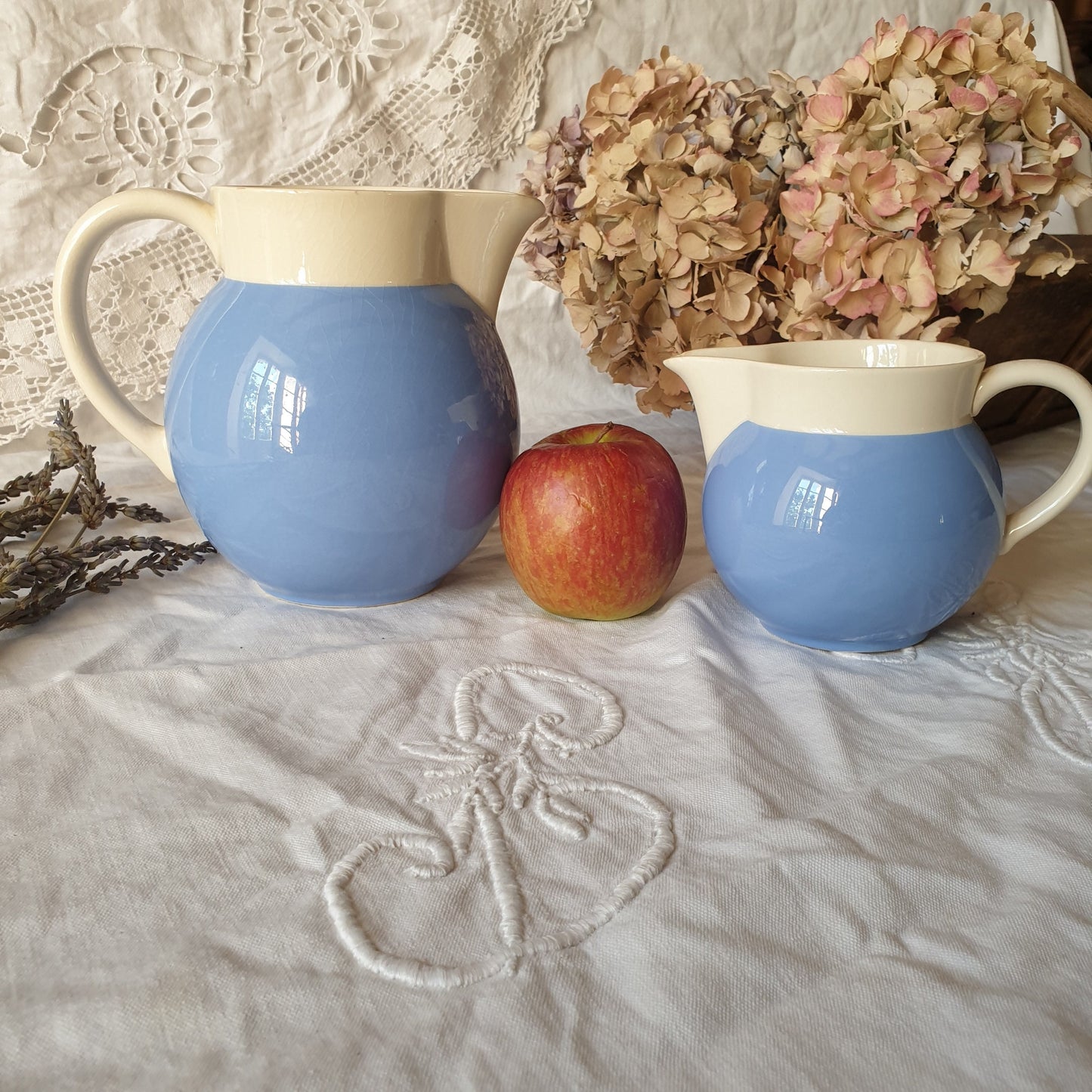 Pair of Villeroy and Boch jugs, French Saar Economic Union cornflower blue and white pitchers, c1950, ironstone faience earthenware