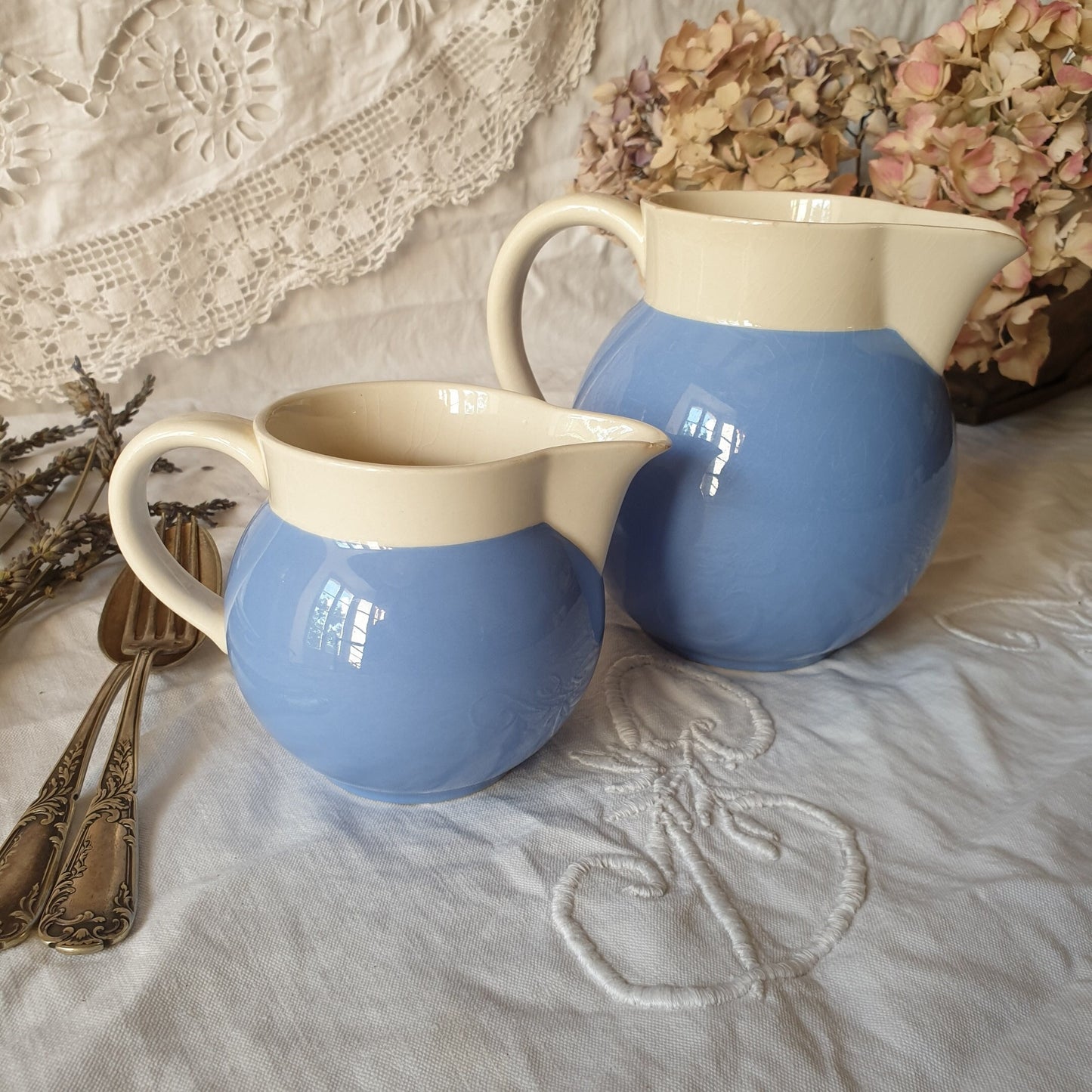 Pair of Villeroy and Boch jugs, French Saar Economic Union cornflower blue and white pitchers, c1950, ironstone faience earthenware