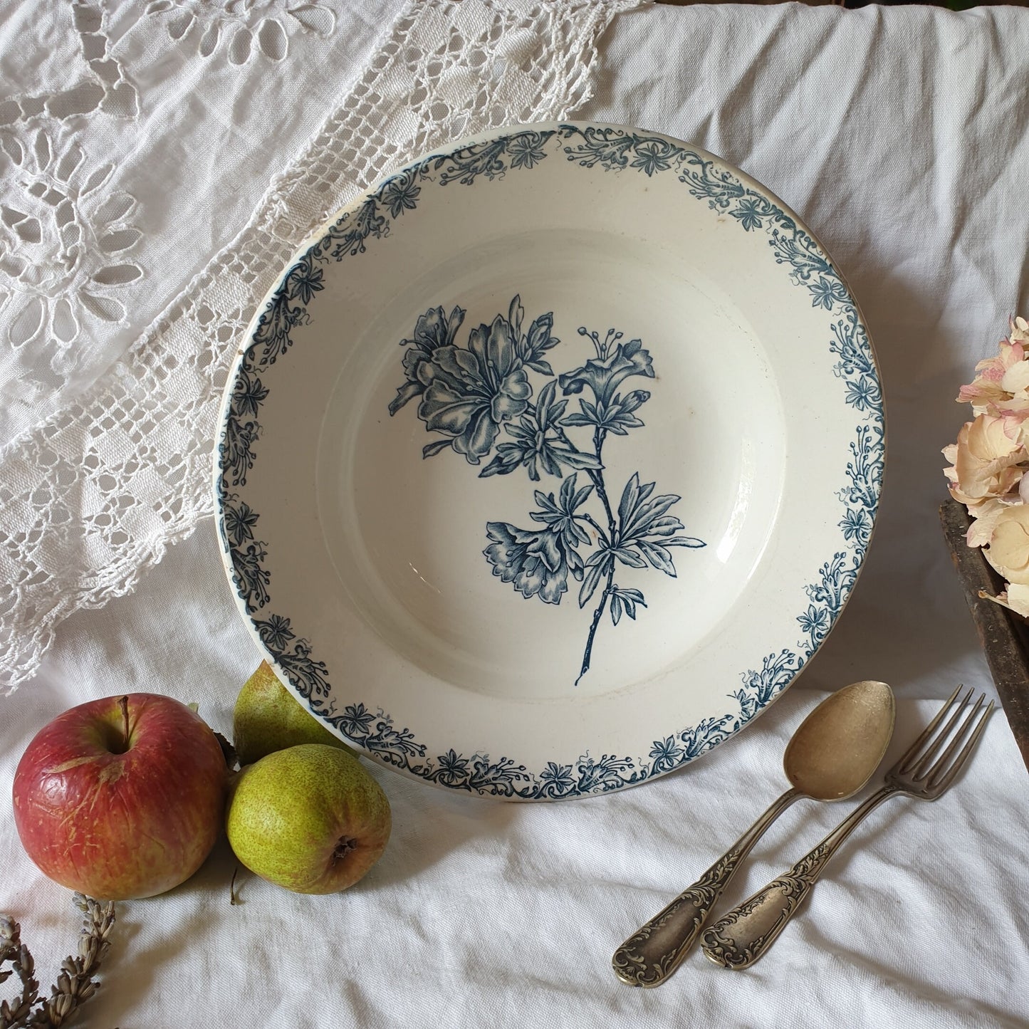 French antique salad bowl in petrol blue transferware, deep dish in teal blue, w trumpet flower floral design from St Amand, France c1890